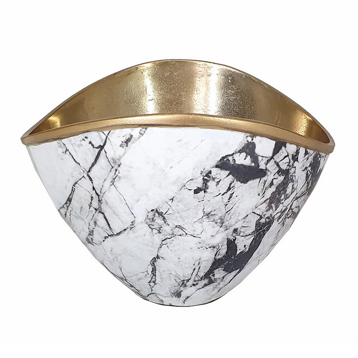 Sinzo 10 Inch Curved Bowl, Gold Aluminum, Textured Design, Black, White - Saltoro Sherpi