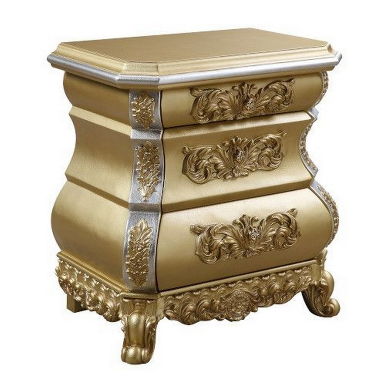 Nightstand With Bombe Shaped And 3 Carved Drawers, Gold- Saltoro Sherpi