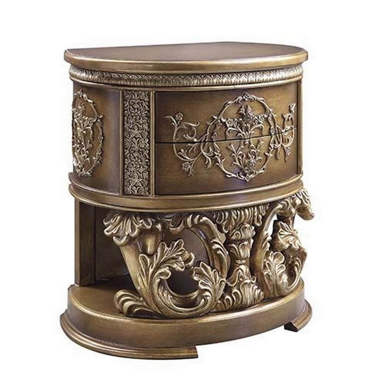 Nightstand With Scrolled Carvings And Half Moon Shape, Antique Gold- Saltoro Sherpi
