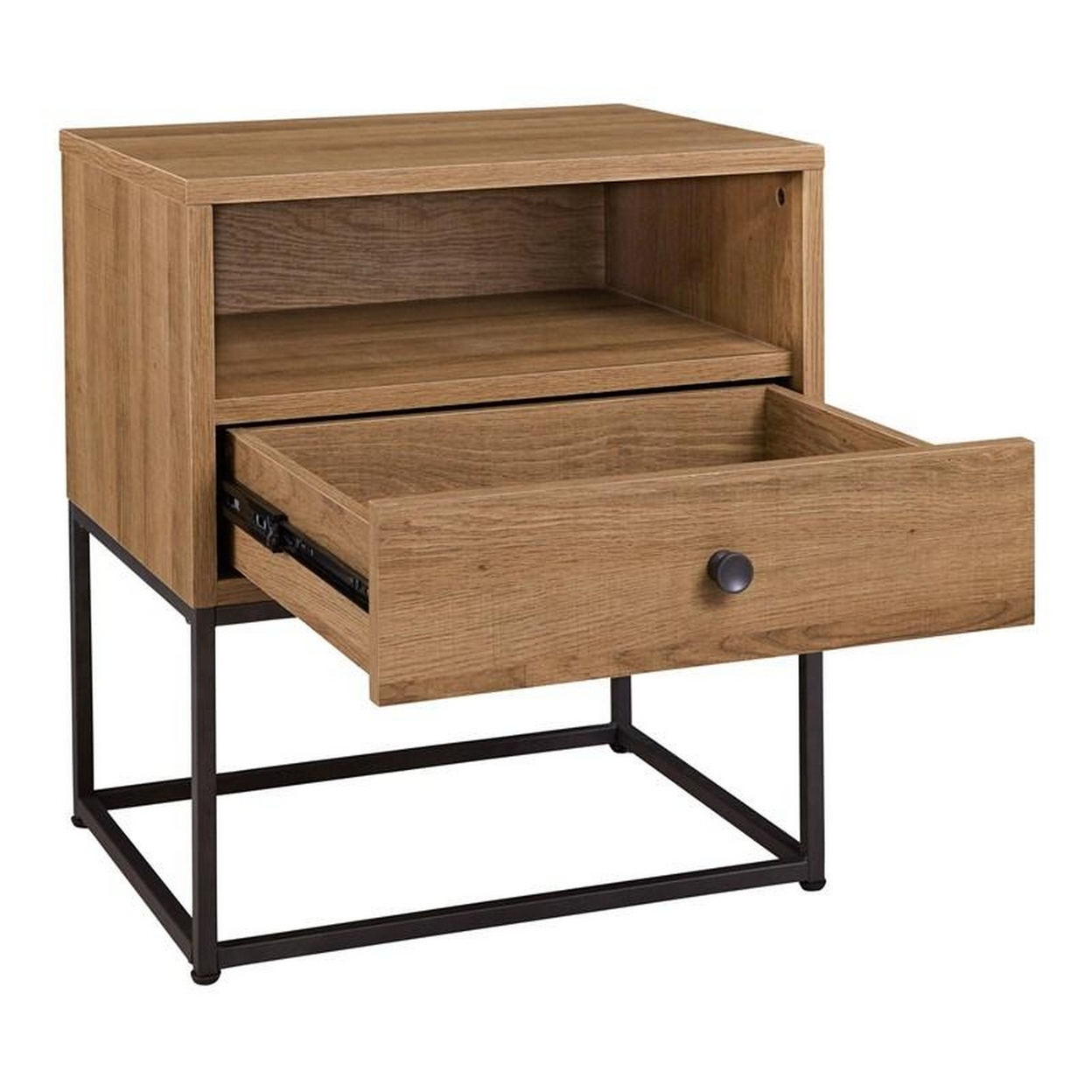 Mila 22 Inch Modern Wood Nightstand On Metal Base, Open Shelf, Light Brown- Saltoro Sherpi