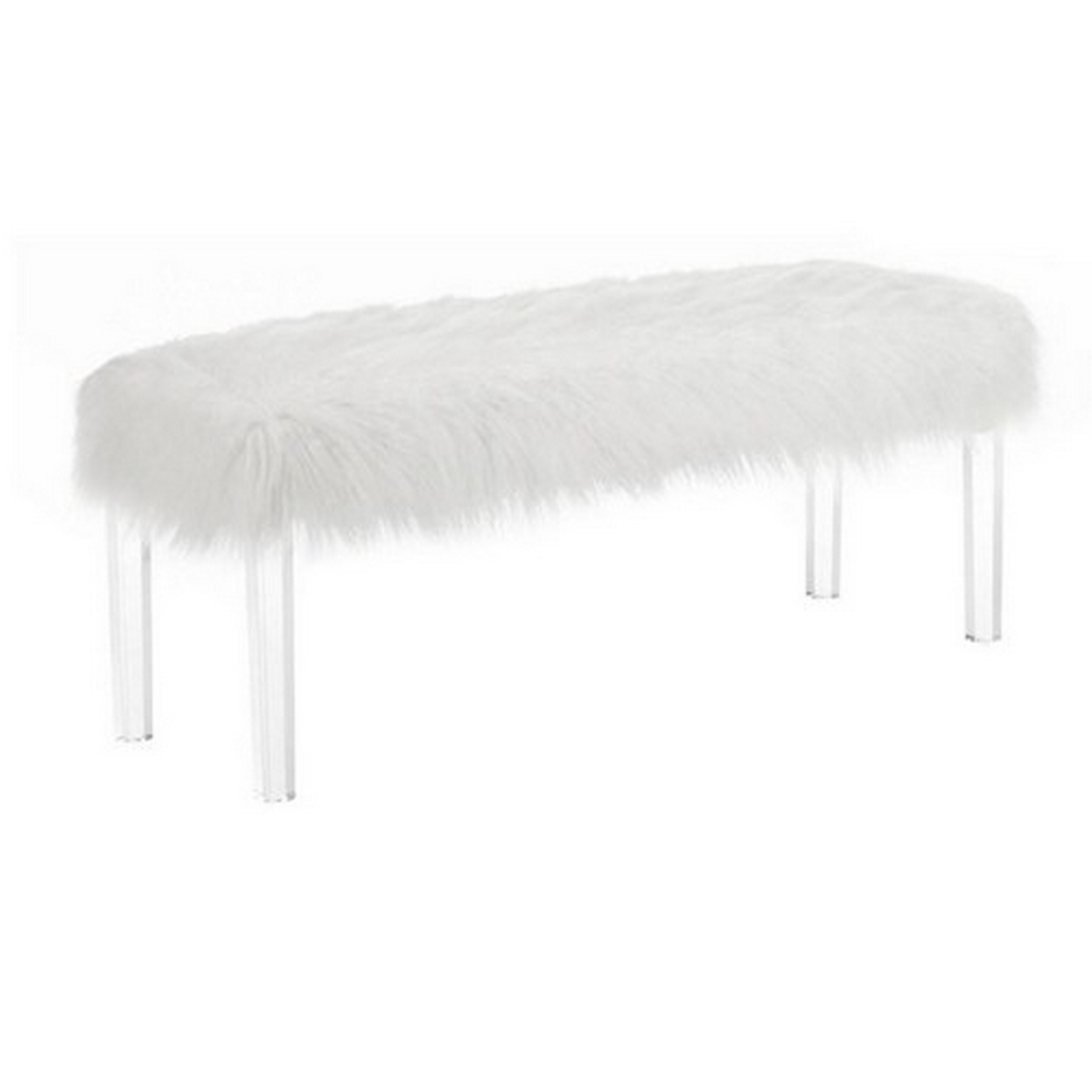 Contemporary Bench With Faux Fur Seat And Acrylic Legs, White And Clear- Saltoro Sherpi