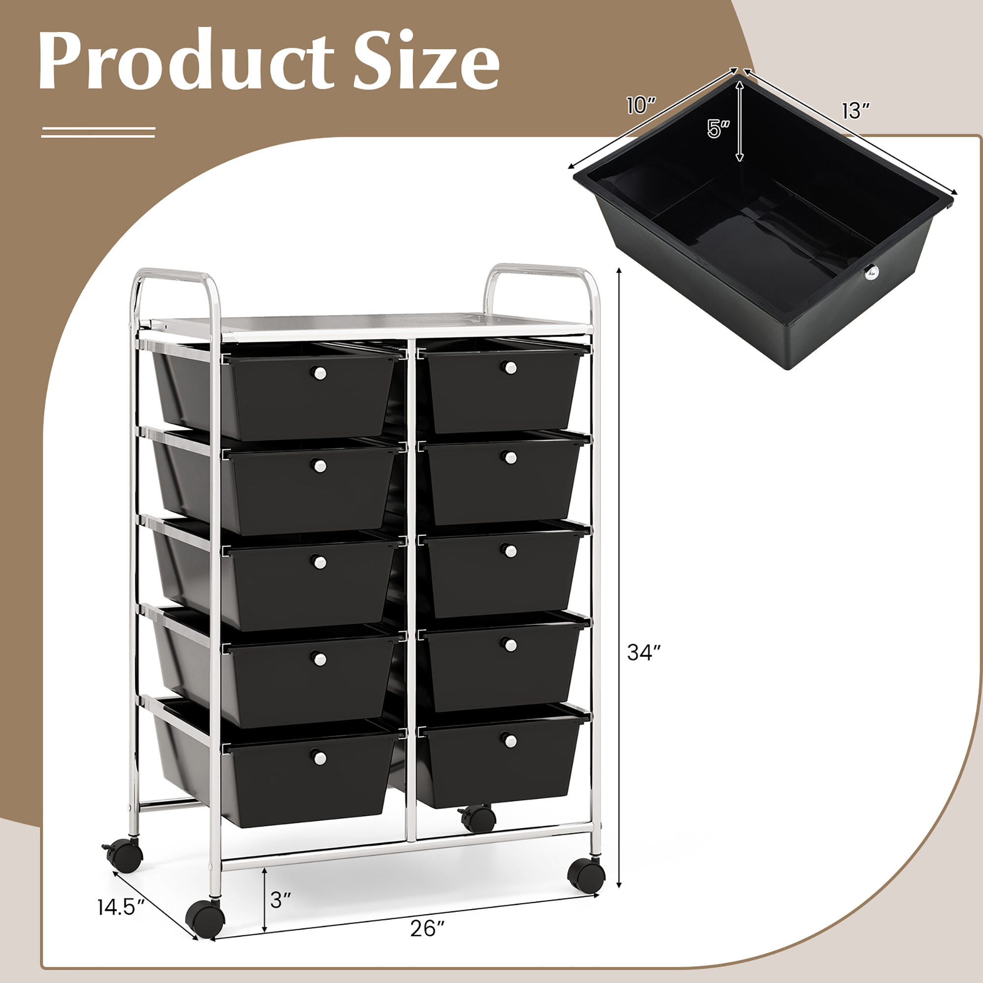 10-Drawer Rolling Storage Cart Tools Scrapbook Paper Organizer On Wheels Black