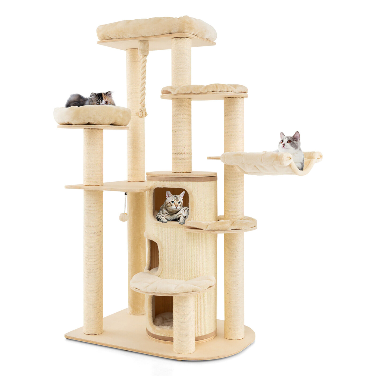 Wooden Cat Tree Multi-Level Kitten Tower W/ Condo Perches Scratching Posts - Beige
