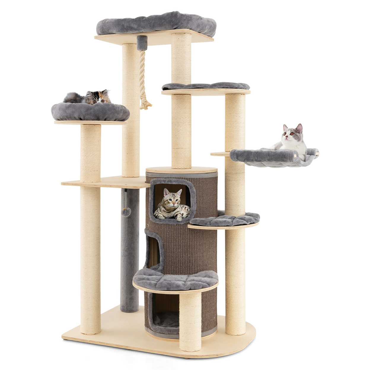 Wooden Cat Tree Multi-Level Kitten Tower W/ Condo Perches Scratching Posts - Grey