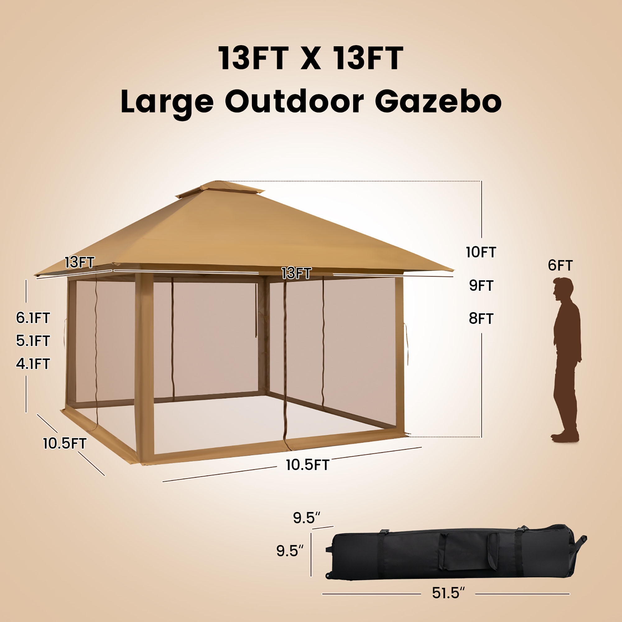 Outdoor Patio 13' X13' Pop Up Canopy Tent UV50+ Adjust Sun Protection W/ Mesh Sidewall Khaki