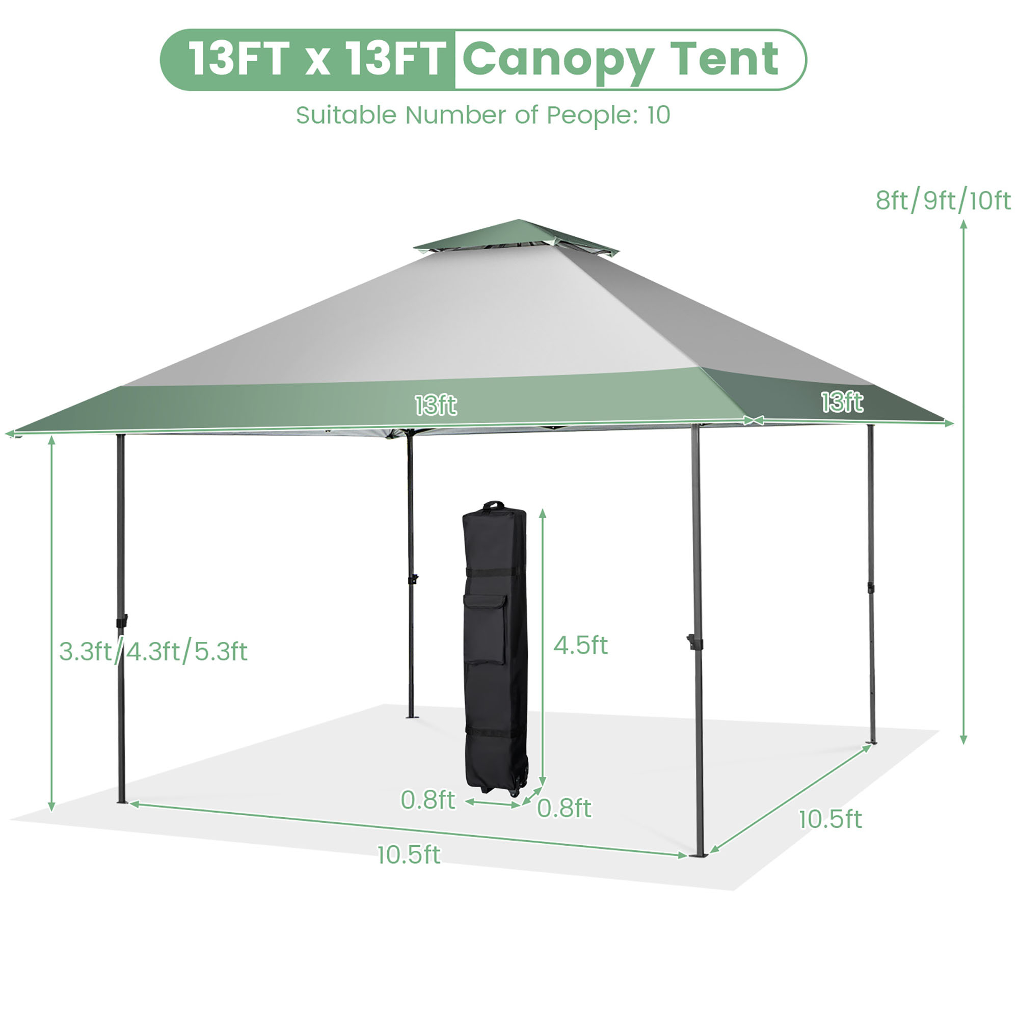 13'x13' Outdoor Patio Pop Up Canopy Tent Sun Protection W/ Wheeled Bag Green & Grey