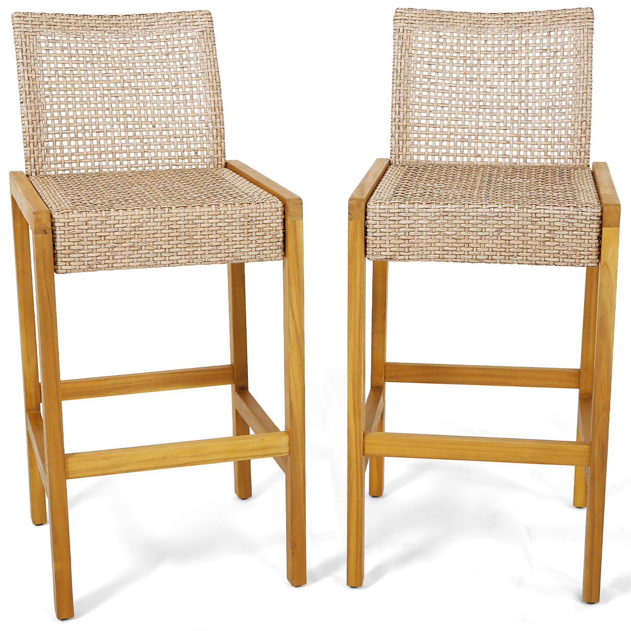 Wicker Bar Stools Set Of 2 Patio Chairs W/ Solid Wood Frame Ergonomic Footrest Light Brown