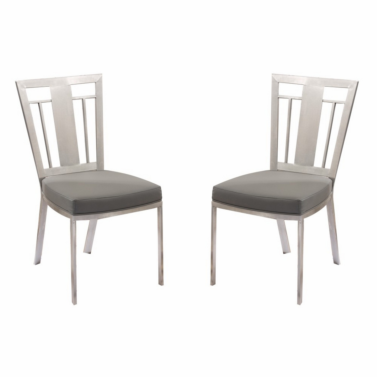 Metal Dining Chair With Leatherette Seat, Set Of 2, Gray And Silver- Saltoro Sherpi