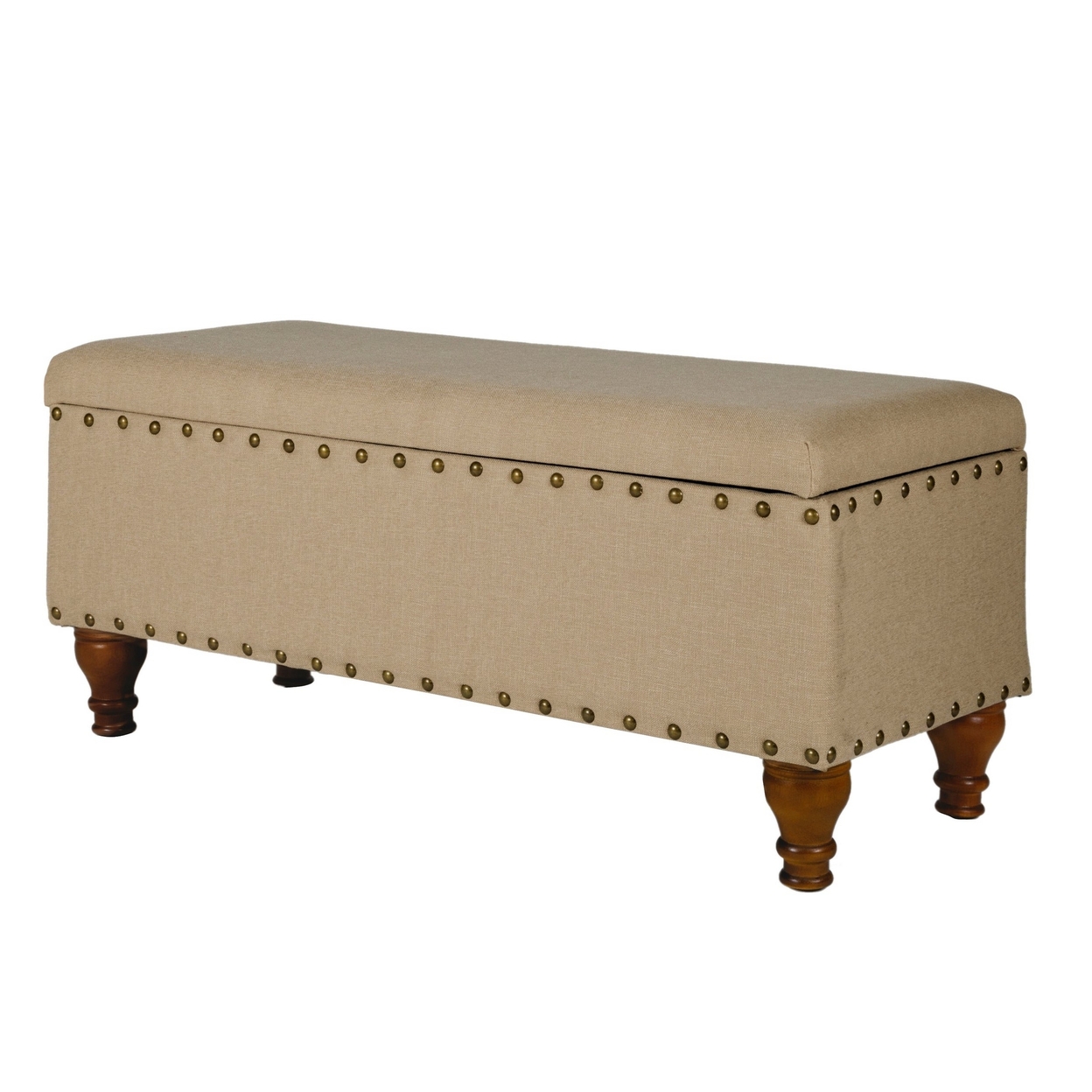 Fabric Upholstered Wooden Storage Bench With Nail Head Trim, Large, Tan Brown- Saltoro Sherpi