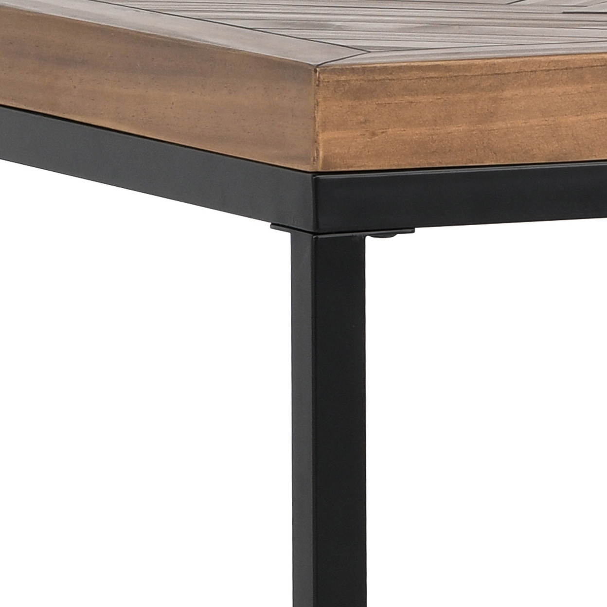 Nat 22 Inch Solid Wood End Table, Herringbone, Metal Base, Brown, Black- Saltoro Sherpi