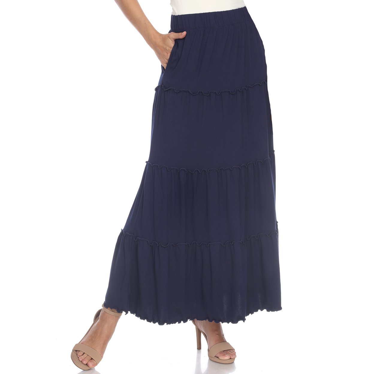 White Mark Women's Tiered Maxi Skirt With Pockets - Navy, Small