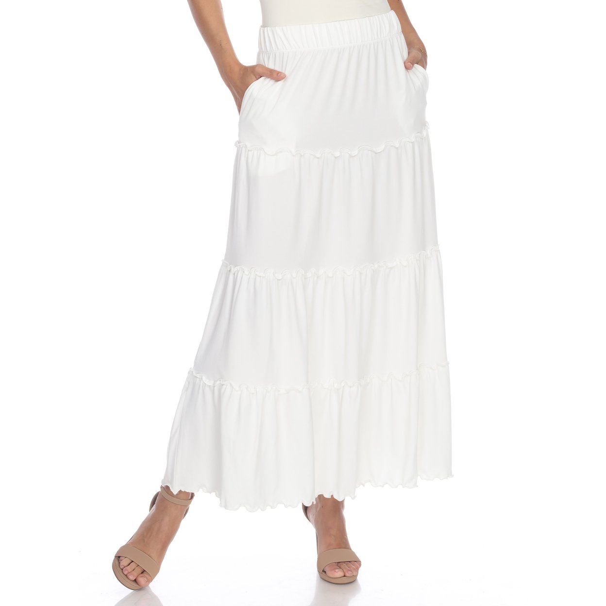 White Mark Women's Tiered Maxi Skirt With Pockets - White, X-large