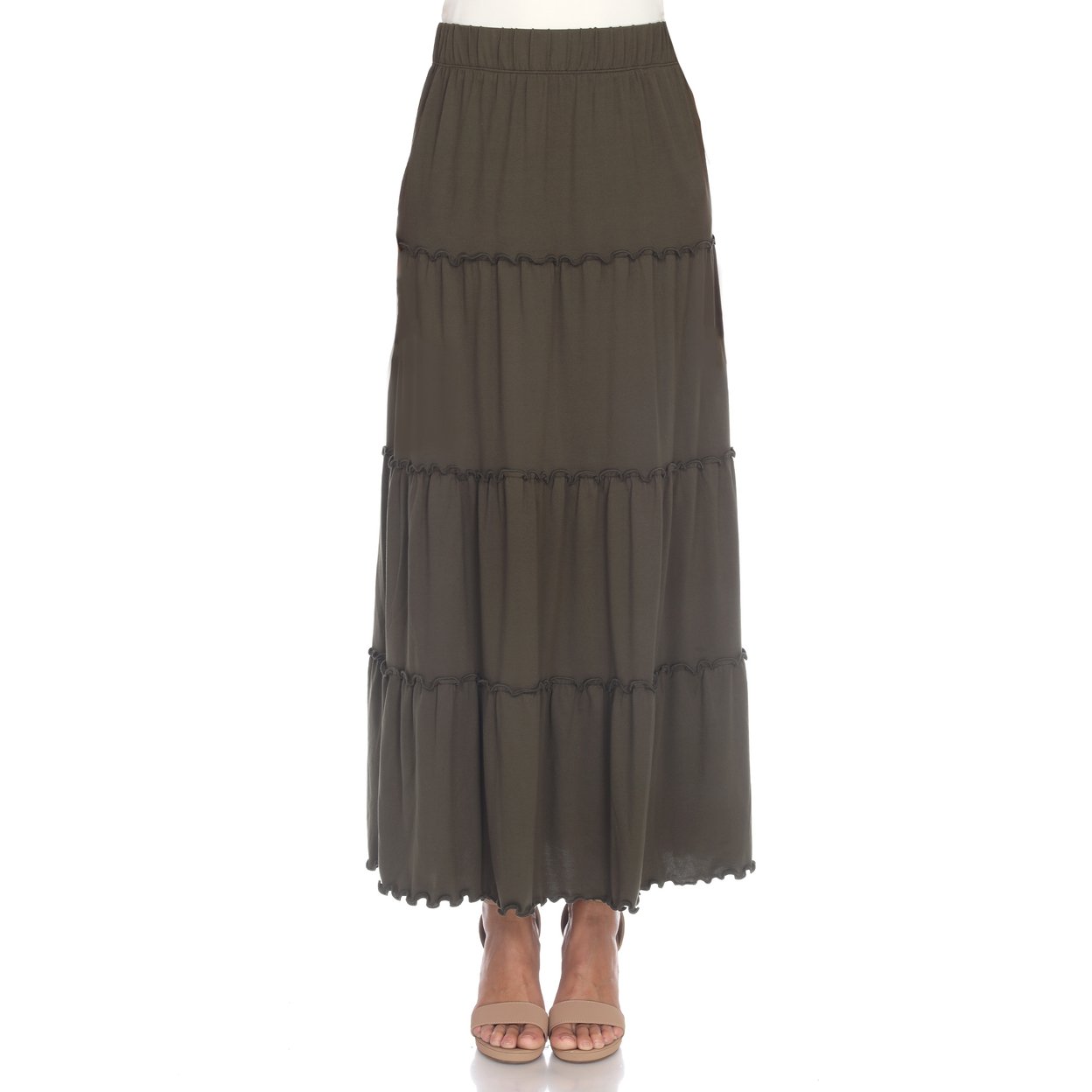White Mark Women's Tiered Maxi Skirt With Pockets - Olive, Small