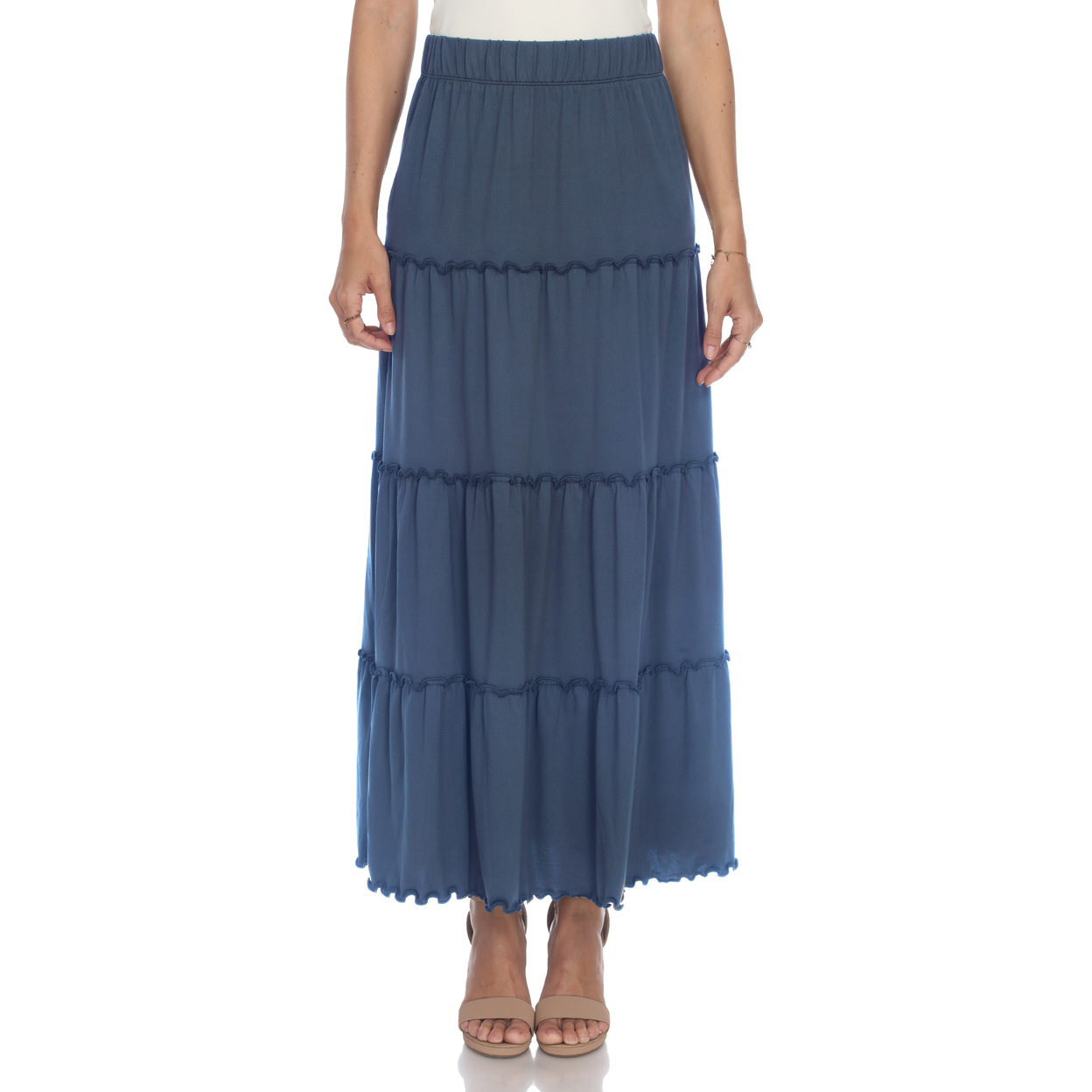 White Mark Women's Tiered Maxi Skirt With Pockets - Denim Blue, Medium