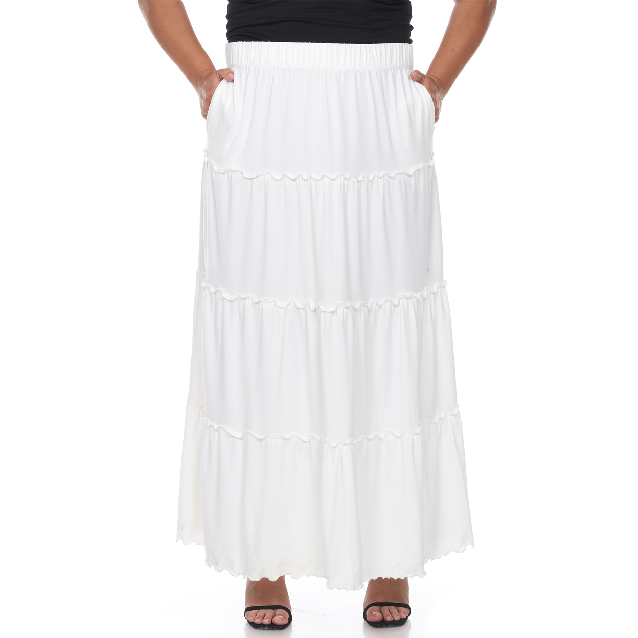 White Mark Women's Plus Size Tiered Maxi Skirt With Pockets - Navy, 1x