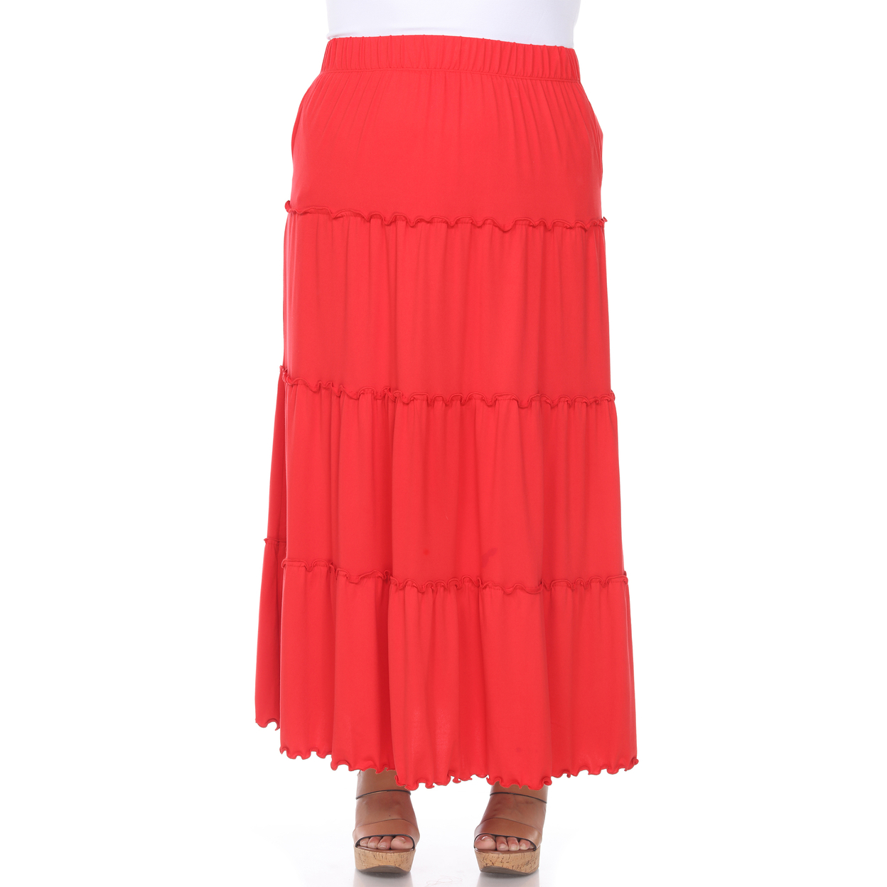 White Mark Women's Plus Size Tiered Maxi Skirt With Pockets - Red, 1x