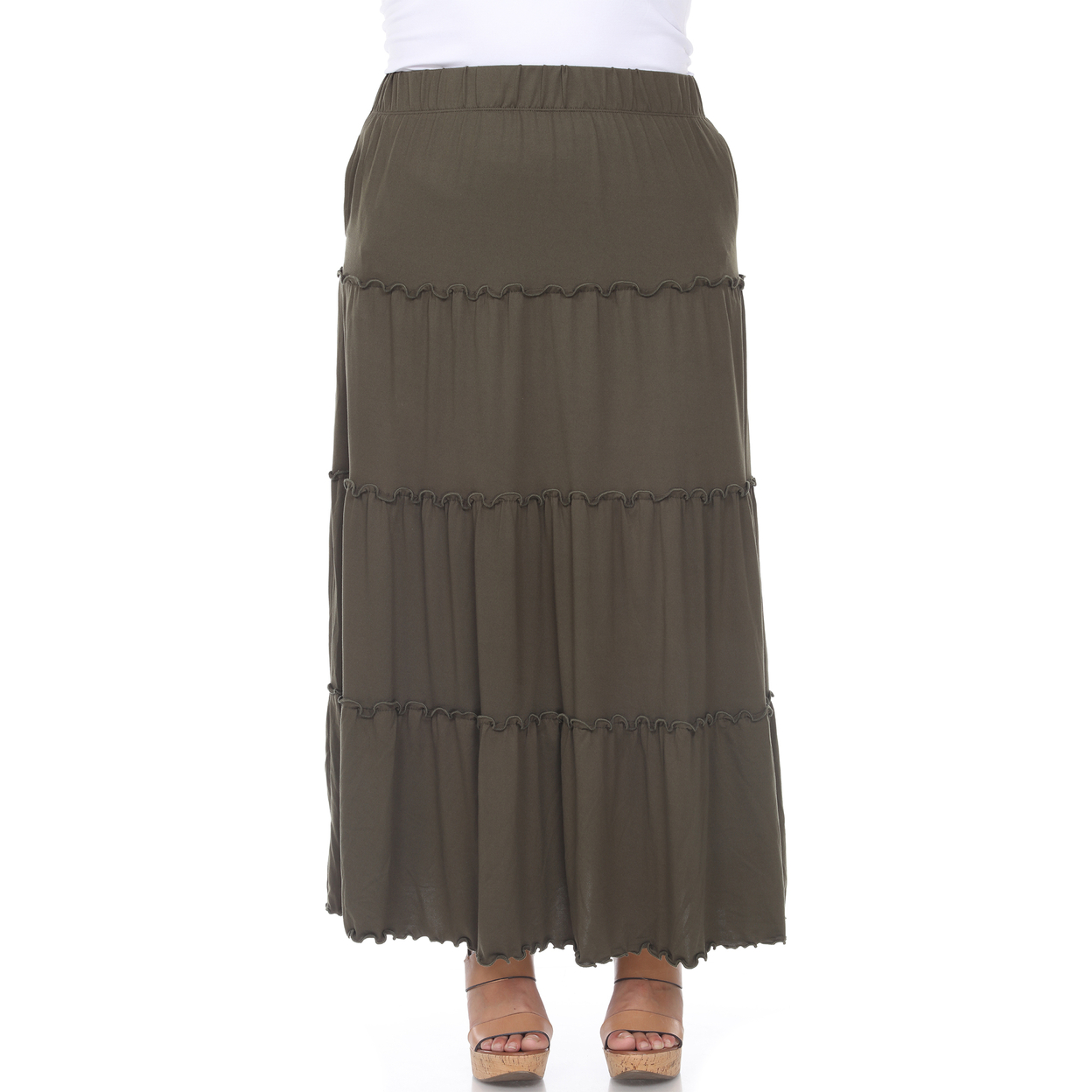 White Mark Women's Plus Size Tiered Maxi Skirt With Pockets - Olive, 2x