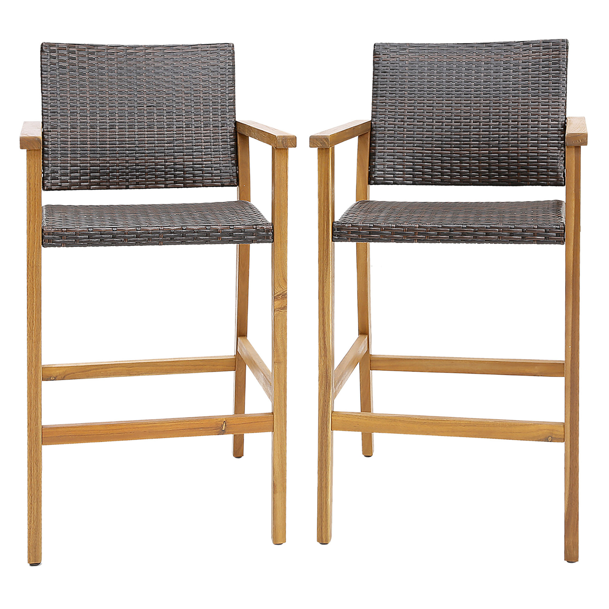 Patio Rattan Bar Stool Set Of 2 Outdoor PE Wicker Bar Chairs W/ Armrests & Sturdy Footrests