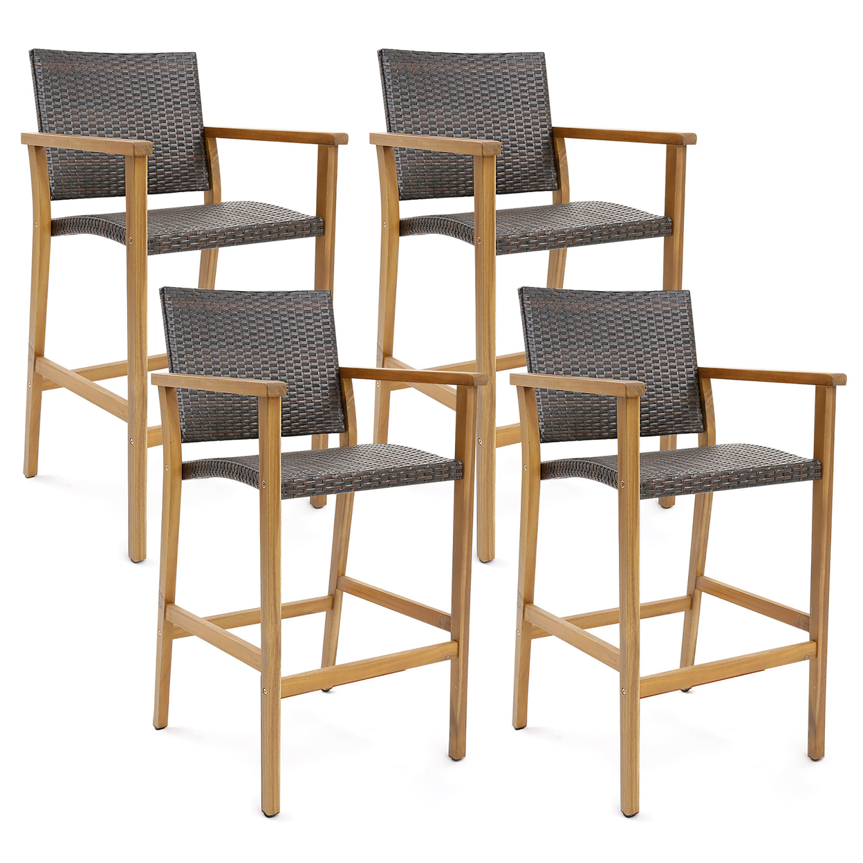 Patio Rattan Bar Stool Set Of 4 Outdoor PE Wicker Bar Chairs W/ Armrests & Sturdy Footrests