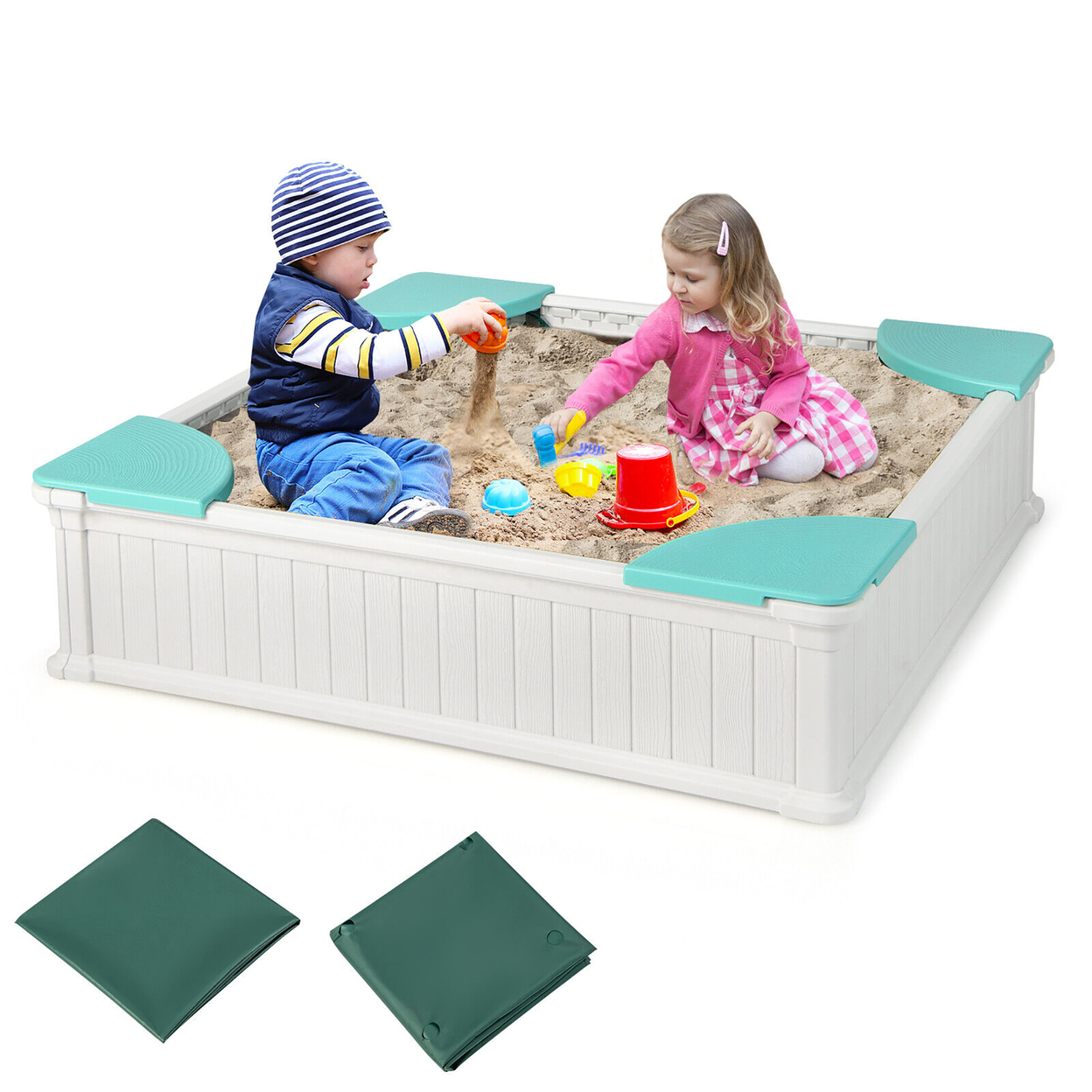 Kids Outdoor Sandbox 48.5'' X 48.5'' X 12.5'' Large HDPE Sandpit With Oxford Cover - White