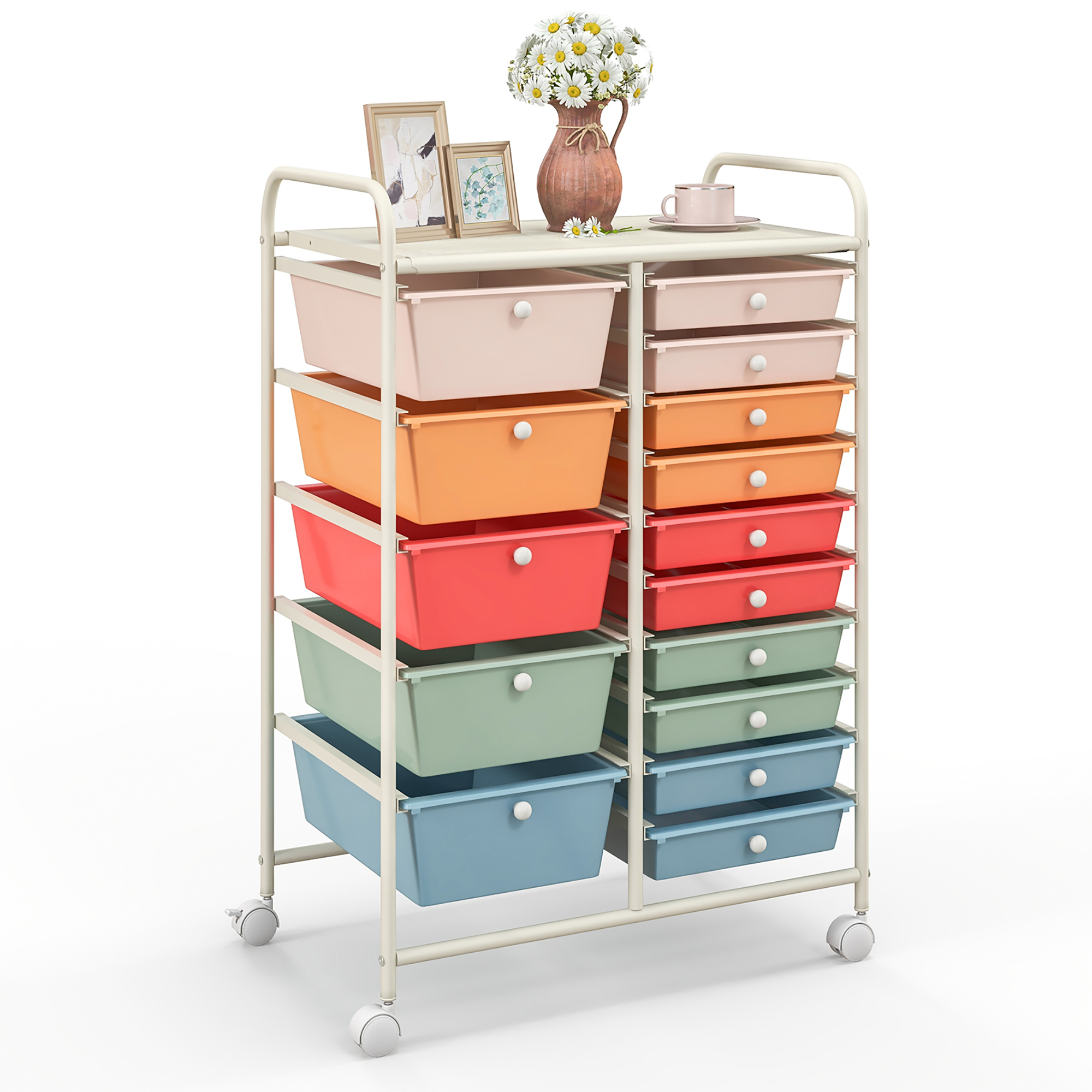 15 Drawer Rolling Storage Cart Opaque Multicolor Drawers Home Organizer - White, Mixed Pink