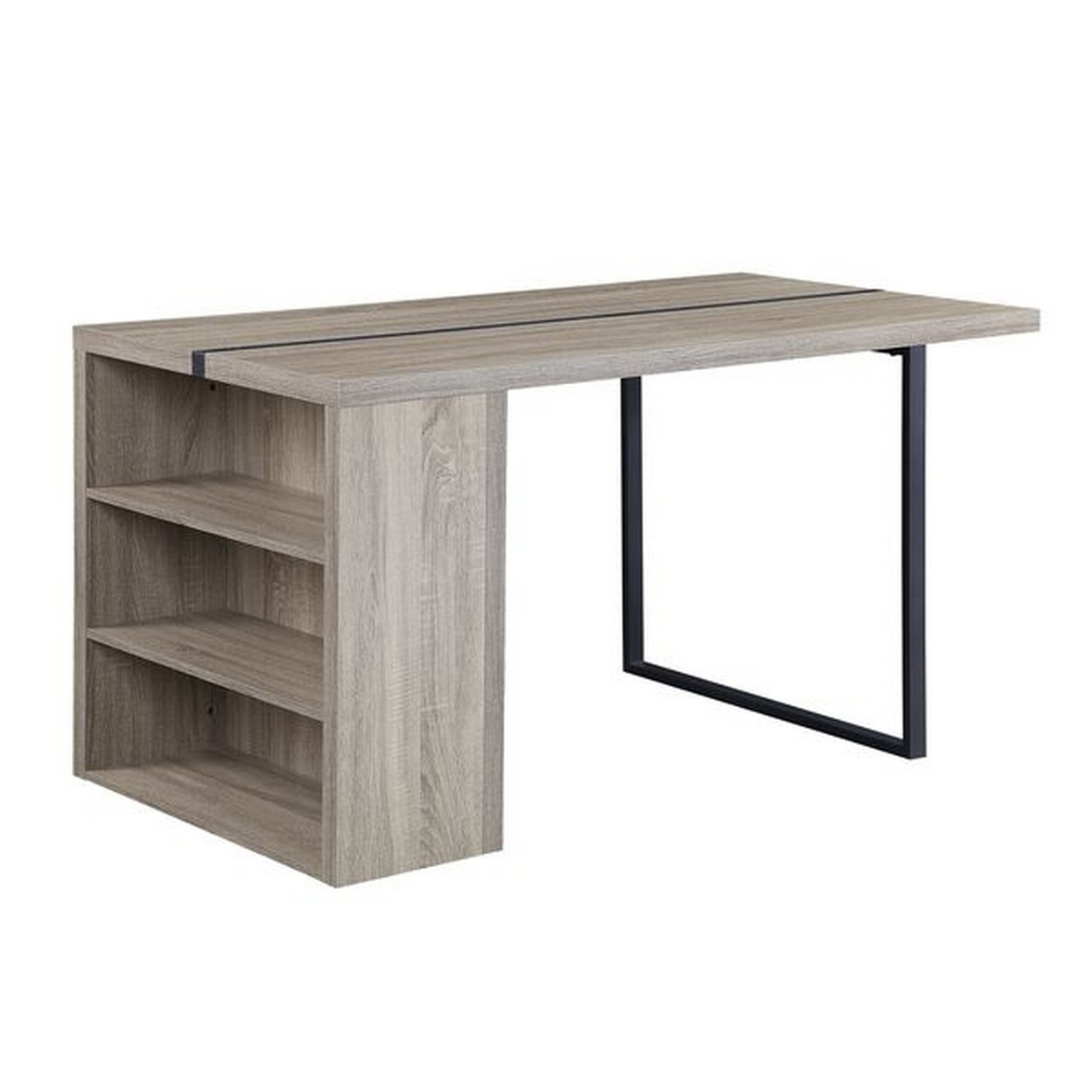 Dining Table With 3 Side Open Compartments And Metal Trim Inlay, Oak Gray- Saltoro Sherpi