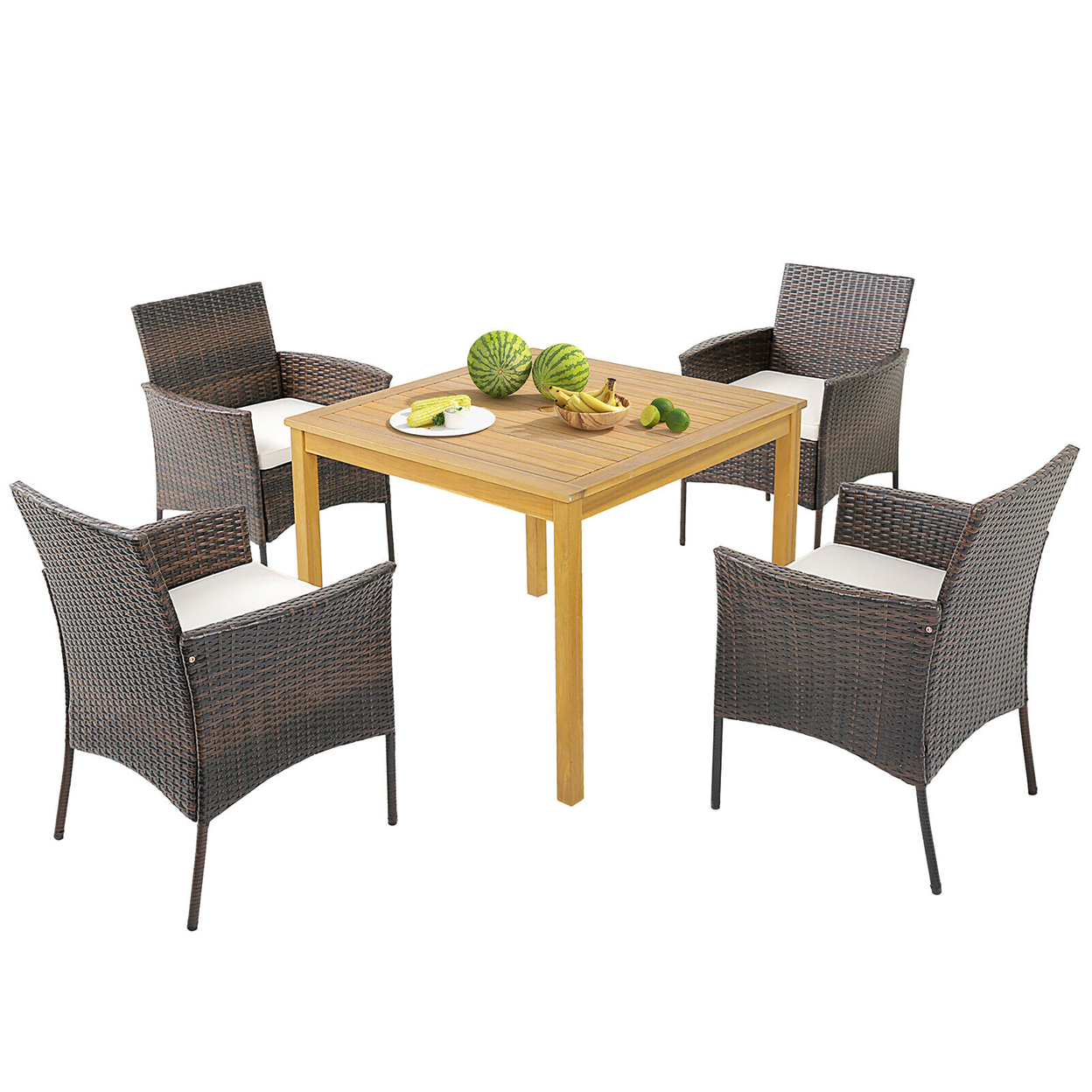 5 PCS Patio Dining Set Acacia Wood Table W/ 1.9'' Umbrella Hole Cushioned Chairs