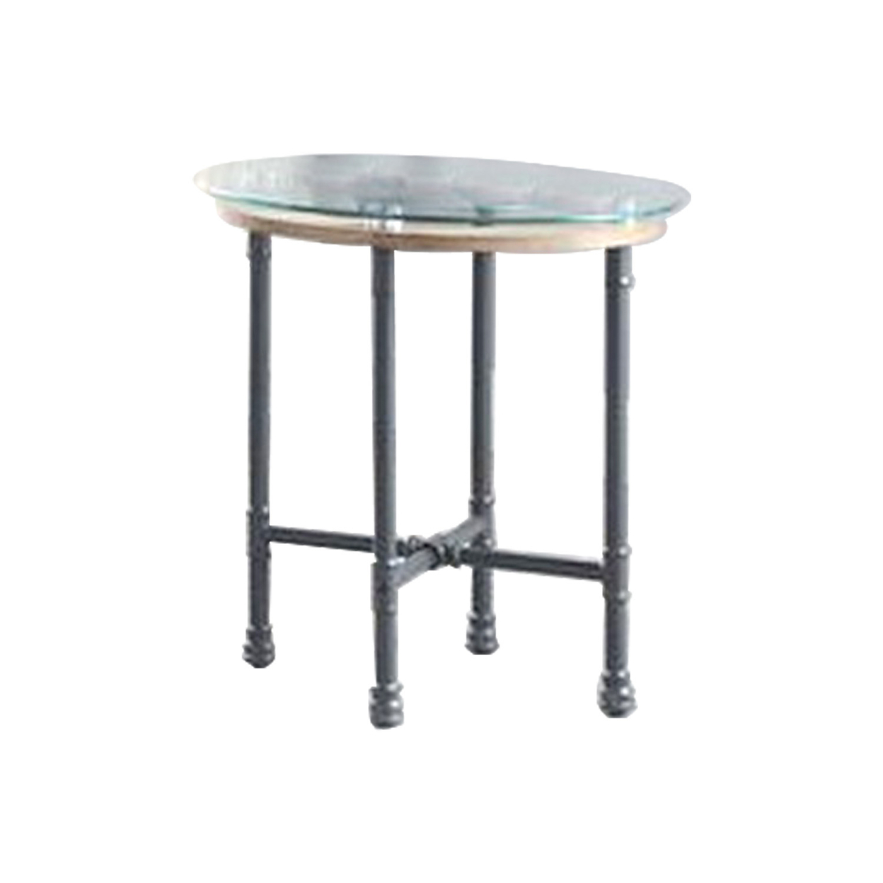 End Table With Round Glass Top And Metal Pipe Style Legs, Gray- Saltoro Sherpi