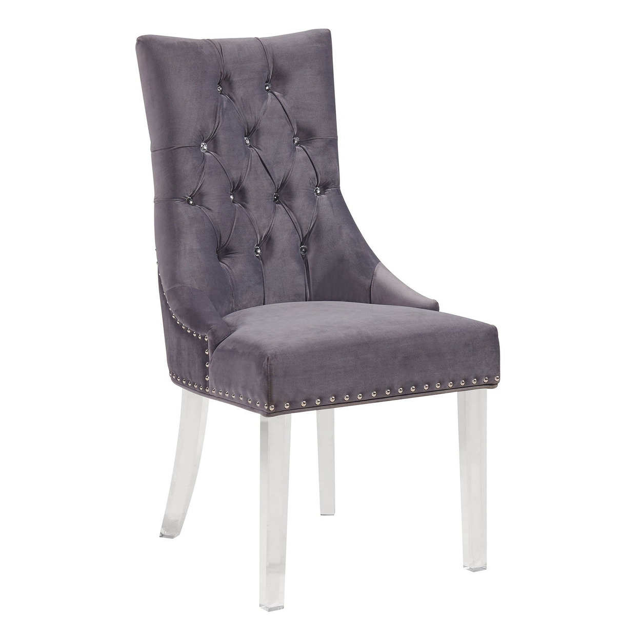 Velvet Upholstered Button Tufted Dining Chair With Acrylic Legs, Gray- Saltoro Sherpi