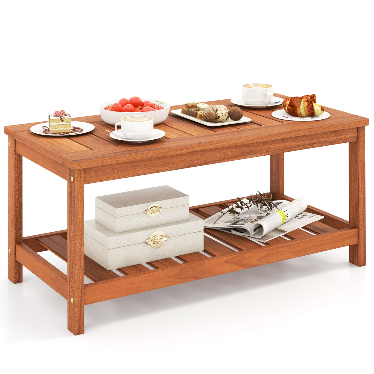 Hardwood Outdoor Patio Coffee Table 2-Tier Coffee Table W/ Slat Tabletop & Storage Shelf Natural
