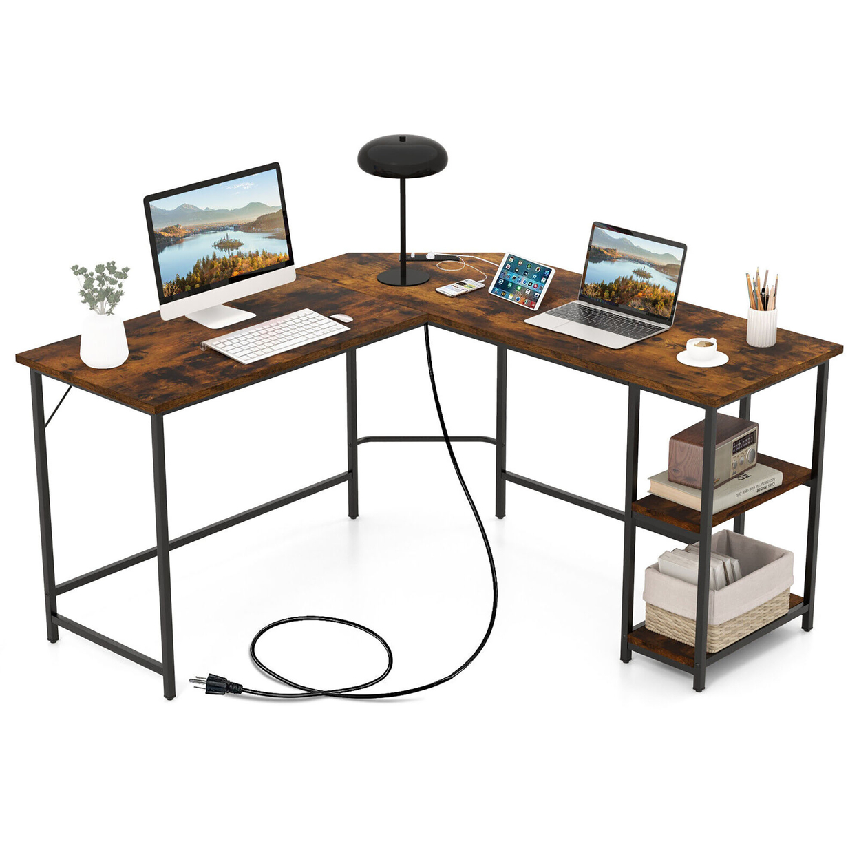 L Shaped Corner Computer Desk 54.5'' Office Workstation W/ 2 Outlets & USB Ports