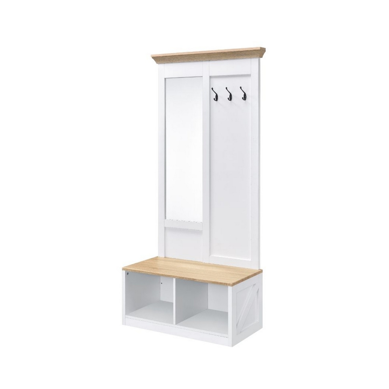 Hall Tree With Body Length Mirror And Bench Seat, White And Brown- Saltoro Sherpi