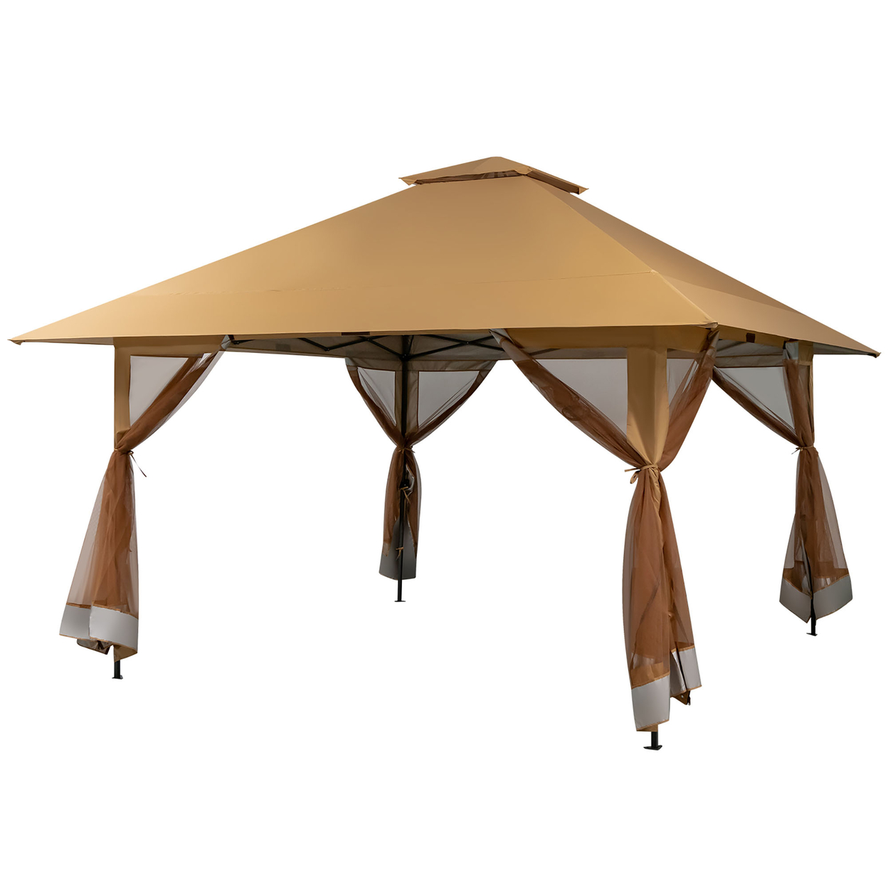 Outdoor Patio 13' X13' Pop Up Canopy Tent UV50+ Adjust Sun Protection W/ Mesh Sidewall Khaki