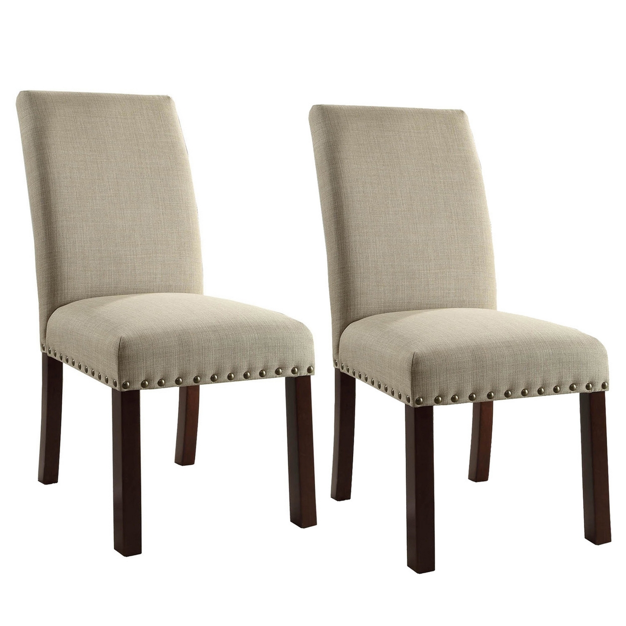 Fabric Upholstered Dining Chair With Nail Head Trim Accent And Wood Legs, Brown, Set Of Two- Saltoro Sherpi