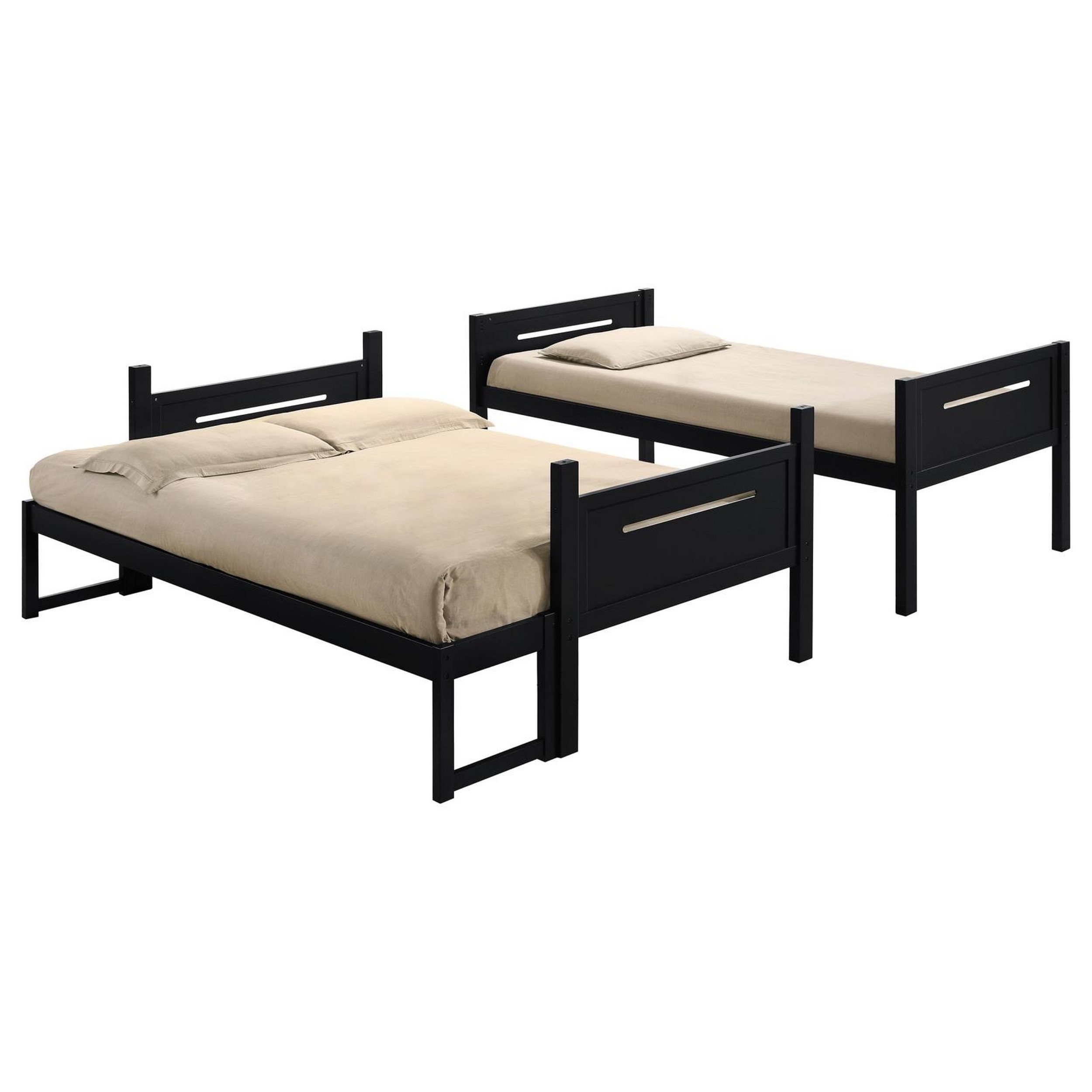 Amey Twin Over Full Bunk Bed, Guard Rails, Attached Ladder, Black Wood-Saltoro Sherpi
