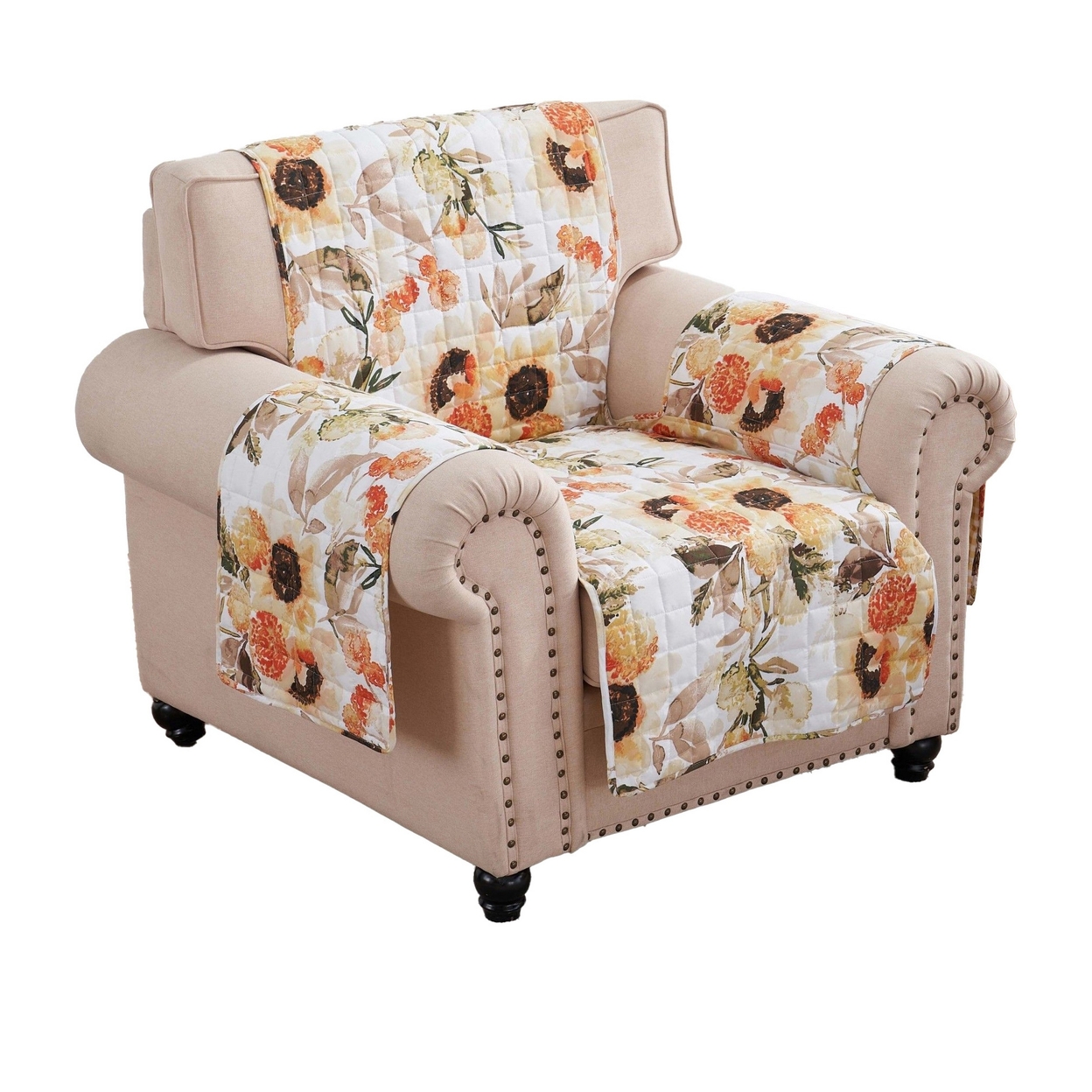Kelsa 81 Inch Armchair Cover, Polyester Fill, Watercolor Sunflowers, Gold-Saltoro Sherpi