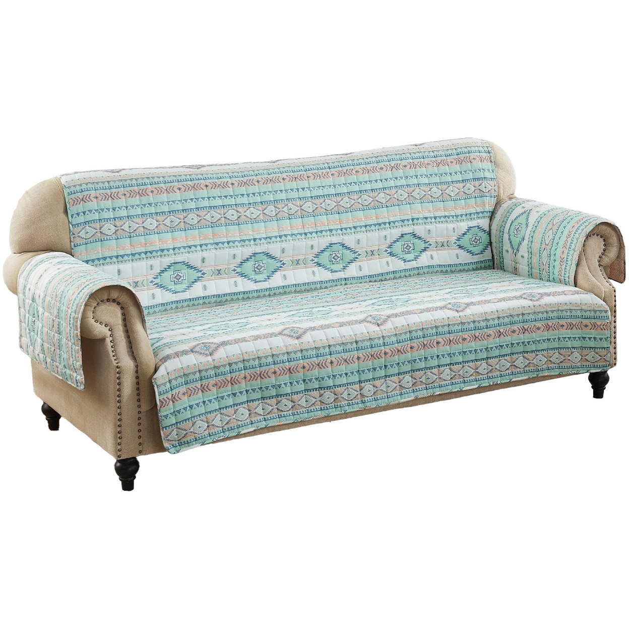 Linda 127 Inch Quilted Sofa Cover With Geometric Print, Turquoise Polyester-Saltoro Sherpi