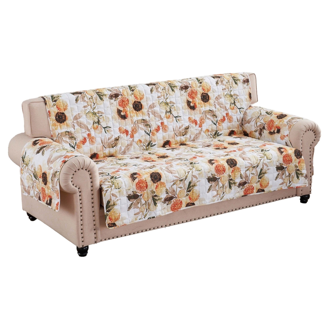 Kelsa 127 Inch Sofa Cover With Polyester Fill, Watercolor Sunflowers, Gold-Saltoro Sherpi