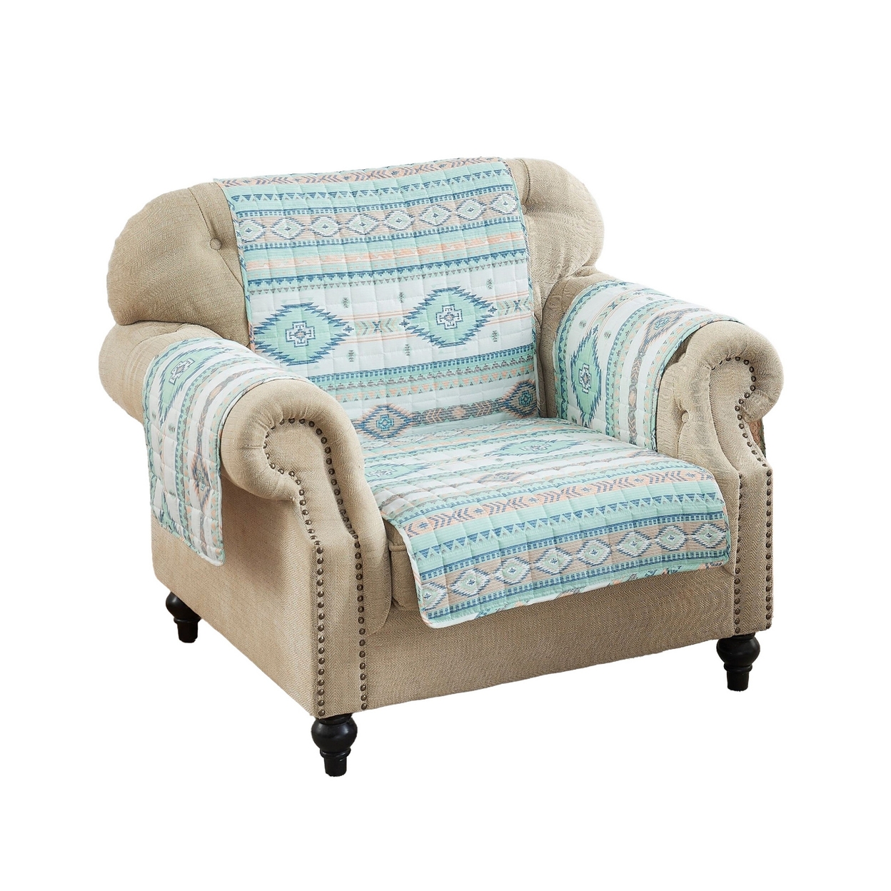 Linda 81 Inch Quilted Armchair Cover, Geometric Prints, Turquoise Polyester-Saltoro Sherpi