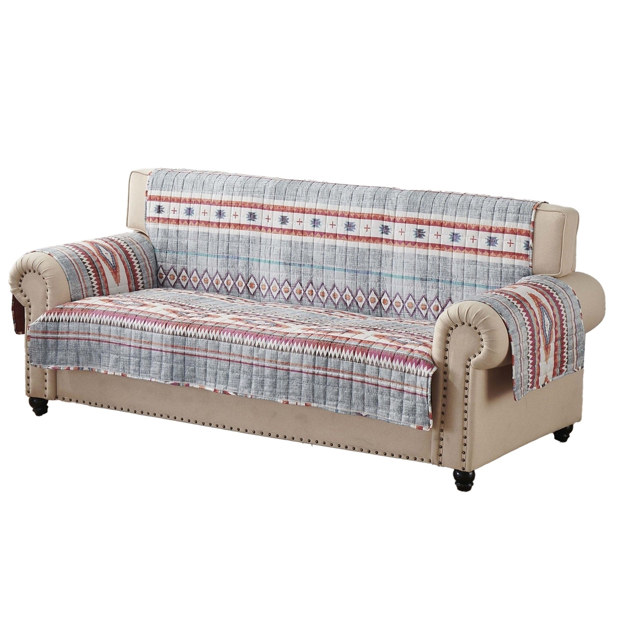 Pimi 127 Inch Quilted Sofa Cover, Multicolor Motifs, Stone Gray Polyester-Saltoro Sherpi