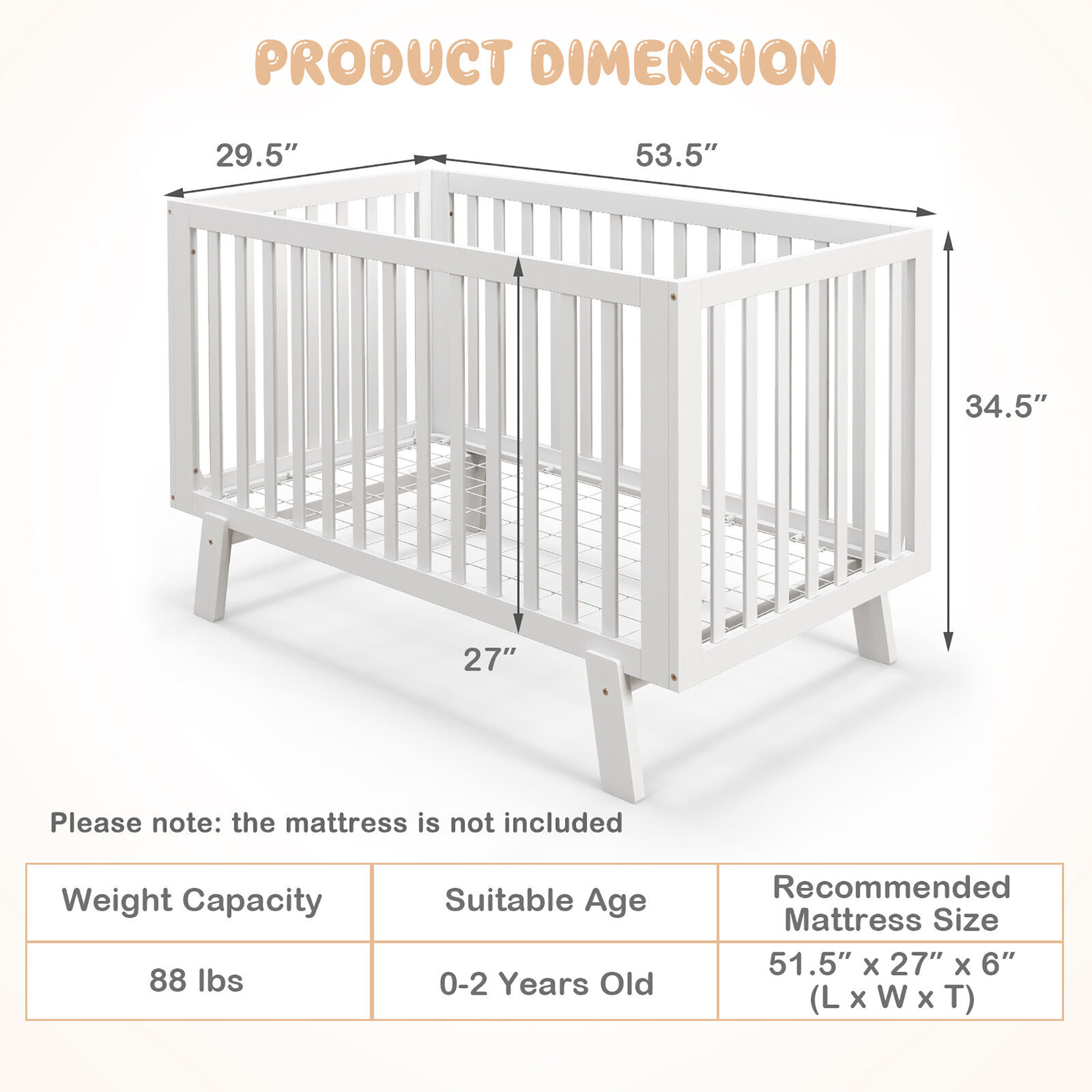 Wooden Baby Crib 3-Height Adjustable Wood Mini Crib Non-Toxic Finish In White