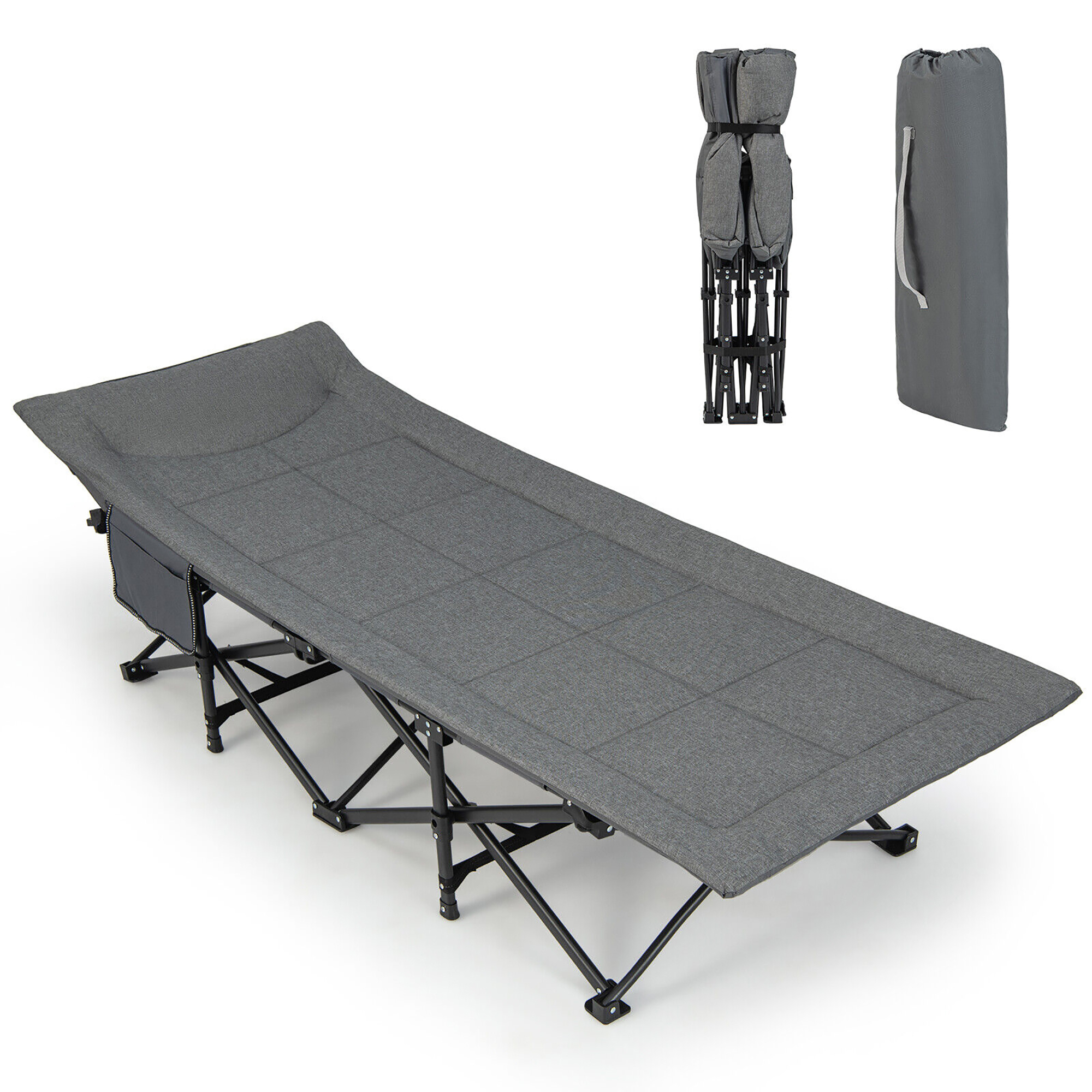 Folding Camping Cot Portable Tent Sleeping Bed With Cushion Headrest Carry Bag - Grey