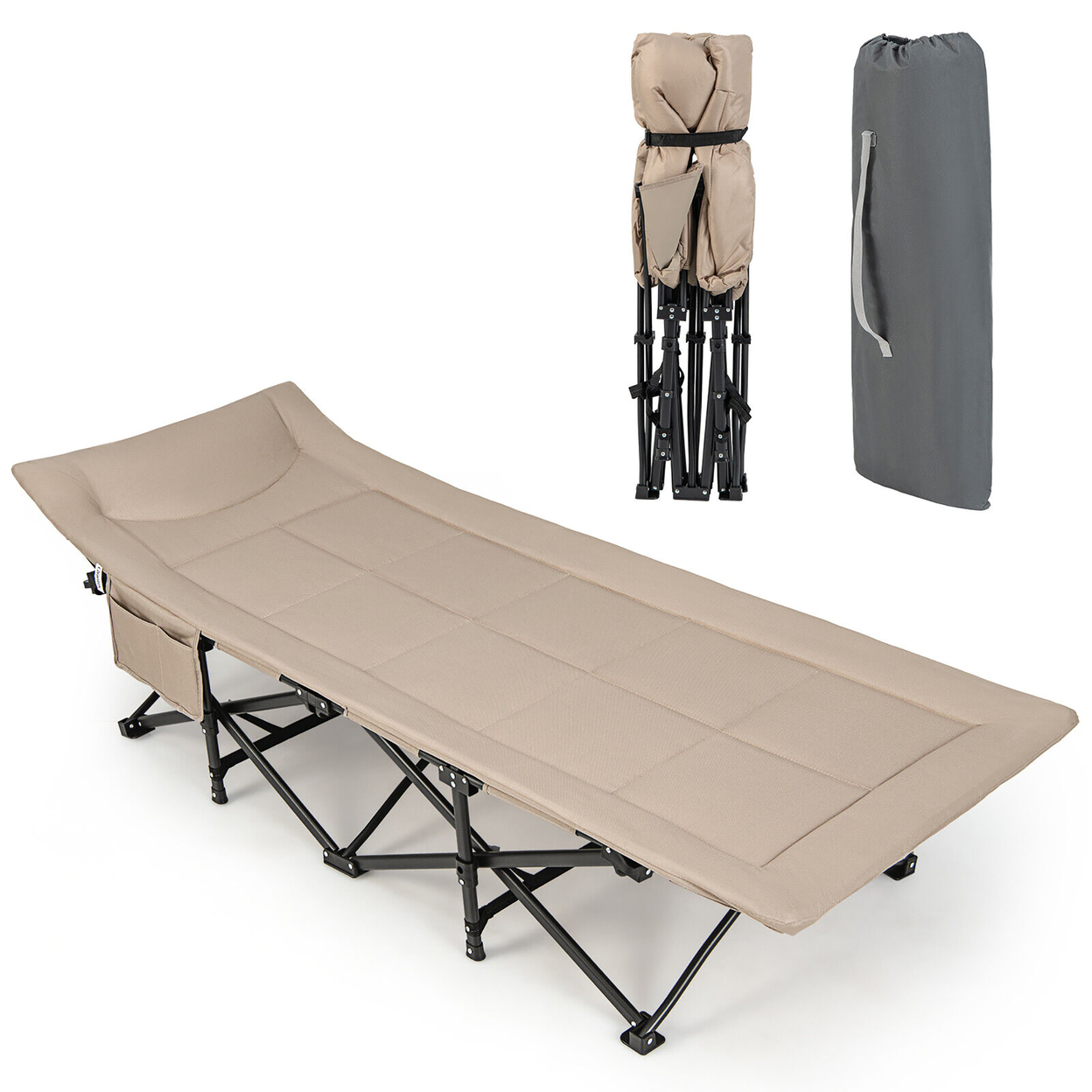 Folding Camping Cot Portable Tent Sleeping Bed With Cushion Headrest Carry Bag - Khaki