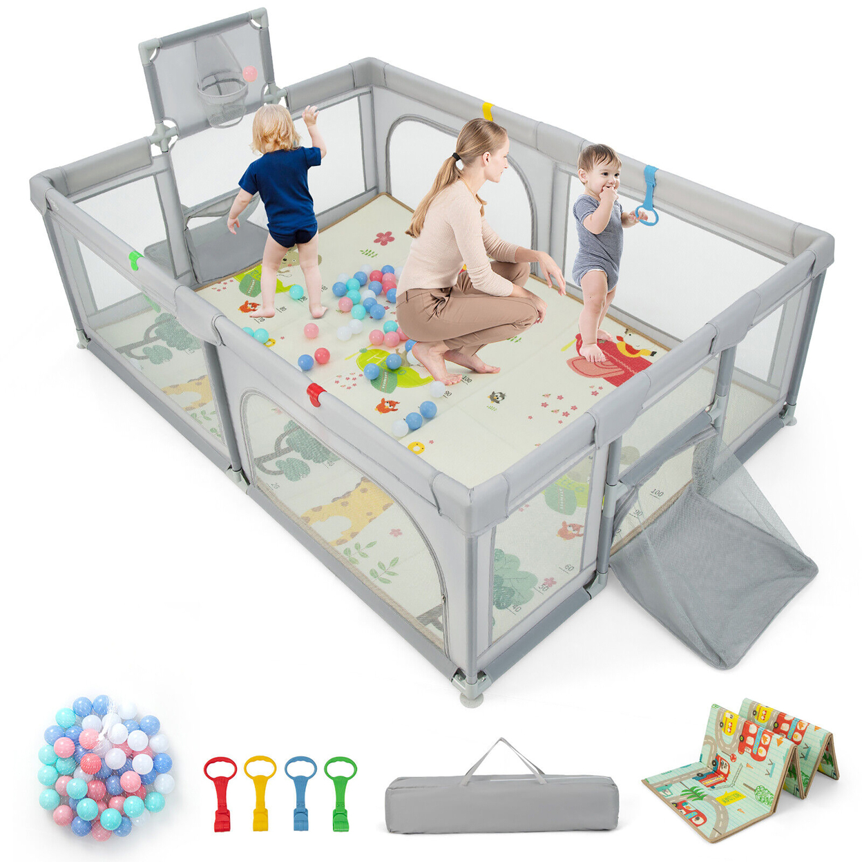 Baby Playpen Large Safe Play Yard Fun Activity Center With Mat & Soccer Nets - Light Grey