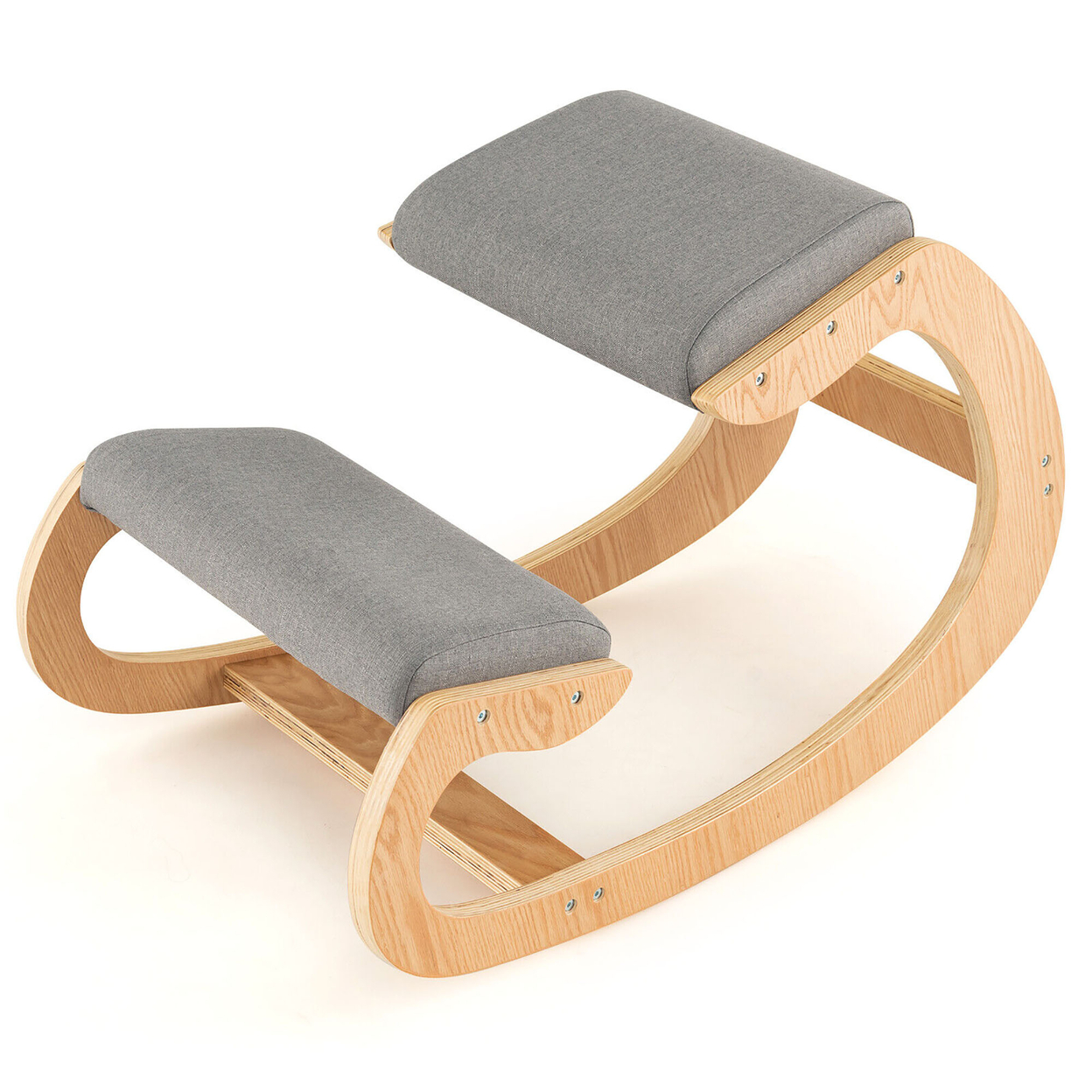 Ergonomic Kneeling Chair Wood Rocking Posture Stool W/ Cushion Back Neck - Grey
