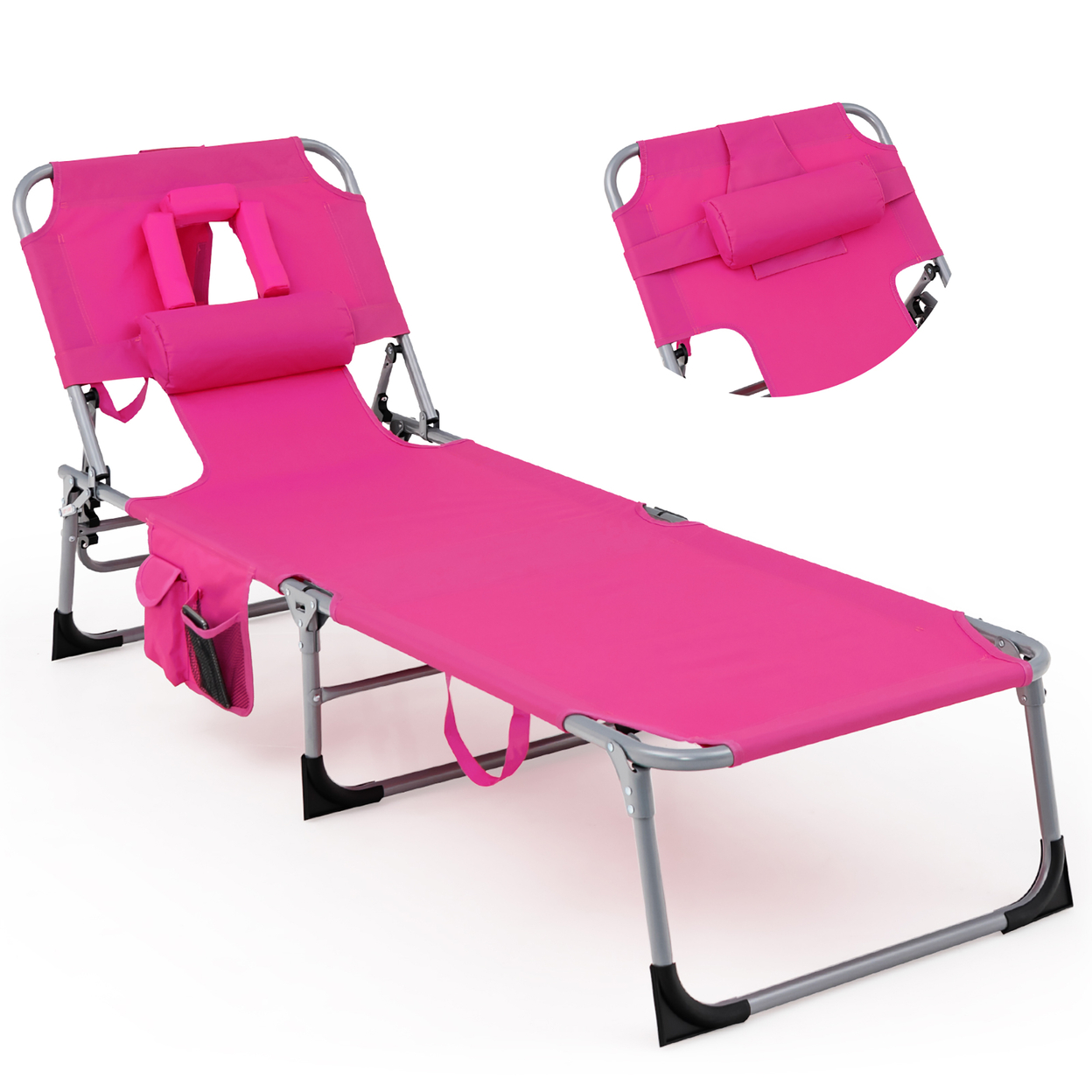 Portable Beach Chaise Lounge Chair Folding Reclining Chair W/ Facing Hole - Pink