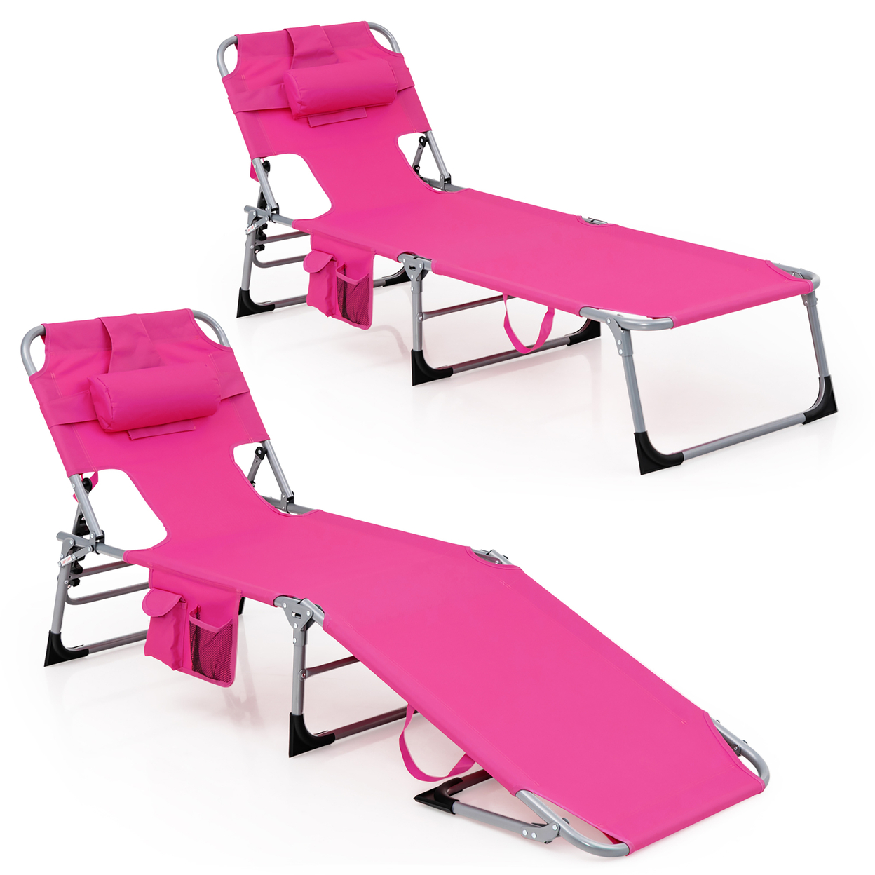 Set Of 2 Beach Chaise Lounge Chair Folding Reclining Chair W/ Facing Hole - Pink