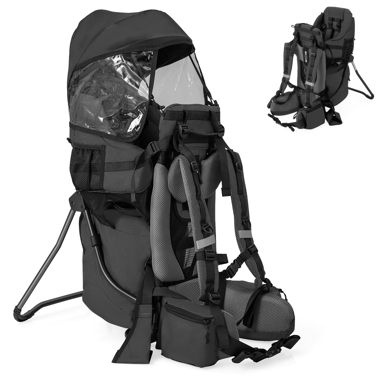 Baby Backpack Carrier Toddler Foldable Aluminum Bracket For Hiking With Pockets - Black
