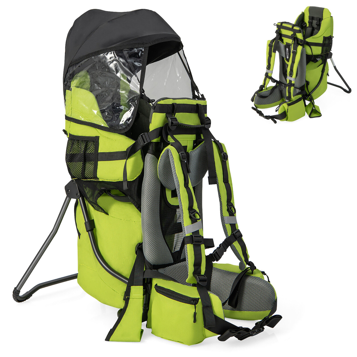 Baby Backpack Carrier Toddler Foldable Aluminum Bracket For Hiking With Pockets - Green