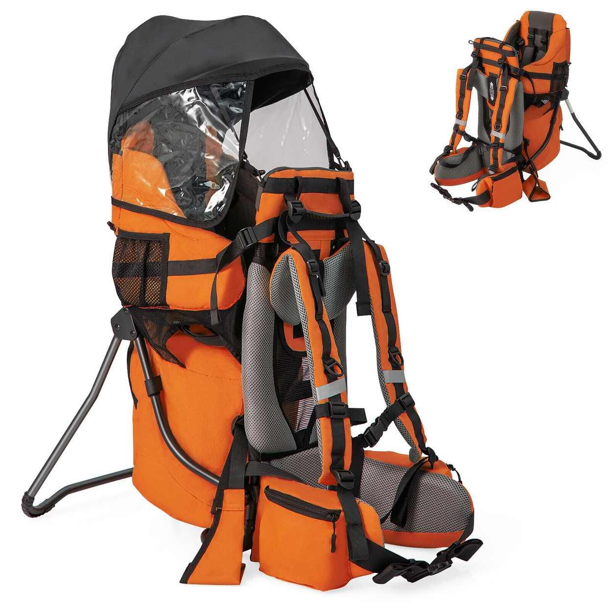 Baby Backpack Carrier Toddler Foldable Aluminum Bracket For Hiking With Pockets - Orange